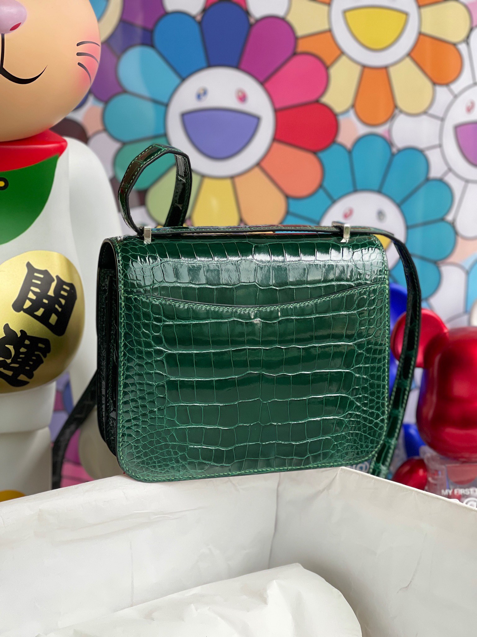 Hermès（爱马仕）Constance 空姐包 Alligator shiny 亮面鳄鱼 祖母绿拼蜥蜴扣 18cm 顶级手缝 定制