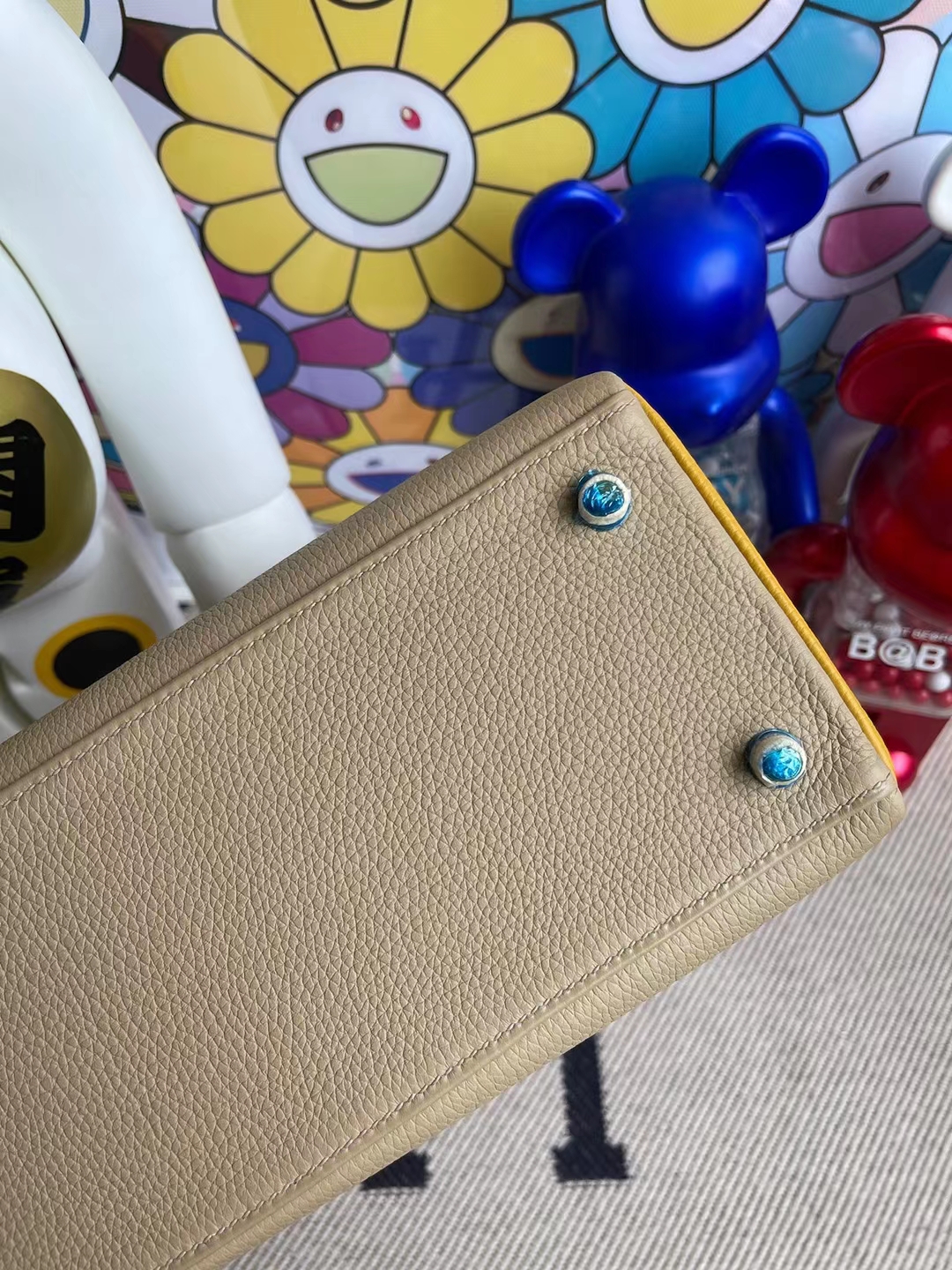 Hermès（爱马仕）Kelly 凯莉包 Togo 顶级小牛皮 Ck81 斑鸠灰 拼 9D 琥珀黄 金扣 28cm