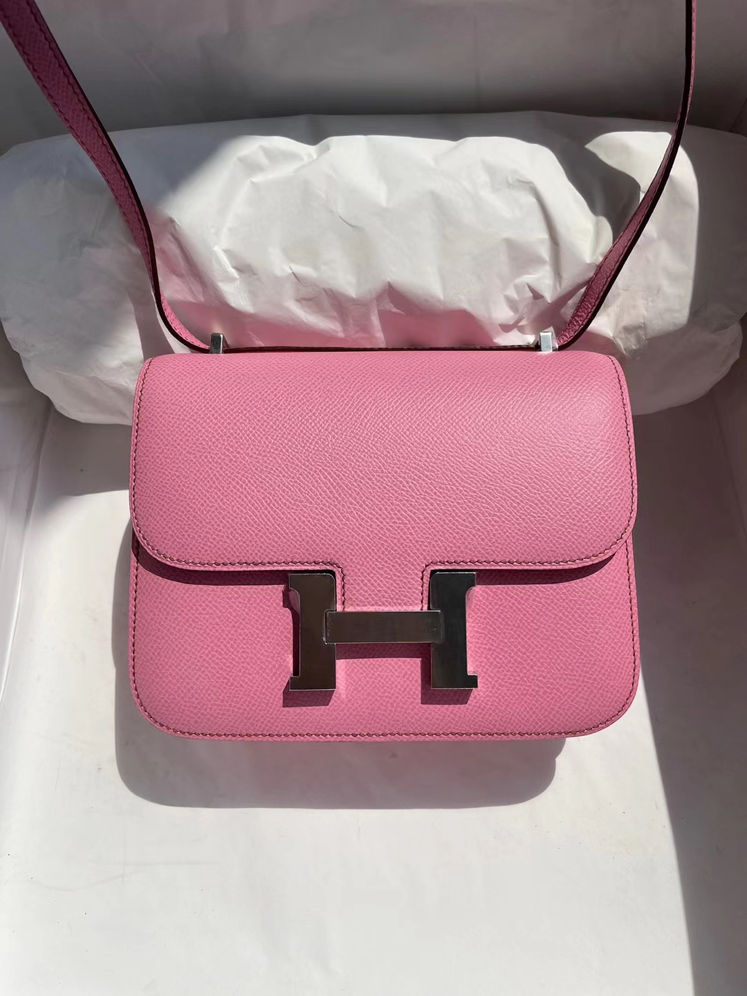 Hermès（爱马仕）Constance 空姐包 Epsom 5P 樱花粉 银扣 19cm