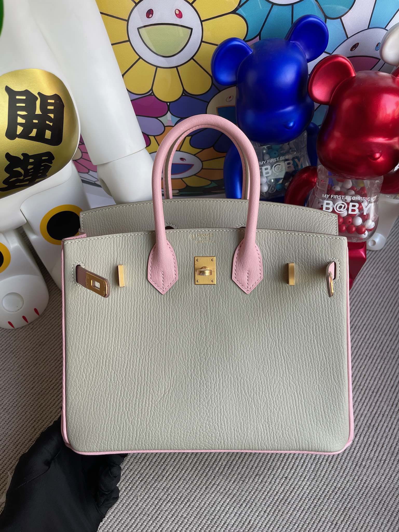 Hermès（爱马仕）Birkin 铂金包 Chevre 山羊皮 斑鸠灰 拼 3Q粉 金扣 马蹄印 25cm 顶级手缝
