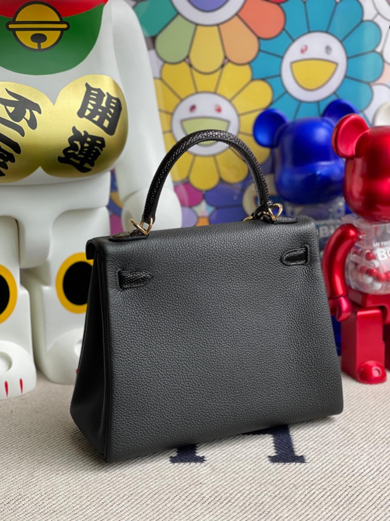 Hermès（爱马仕）Kelly 凯莉包 黑色 原厂小牛 拼 进口亮面蜥蜴 lizard 金扣 25cm 顶级手缝 定制