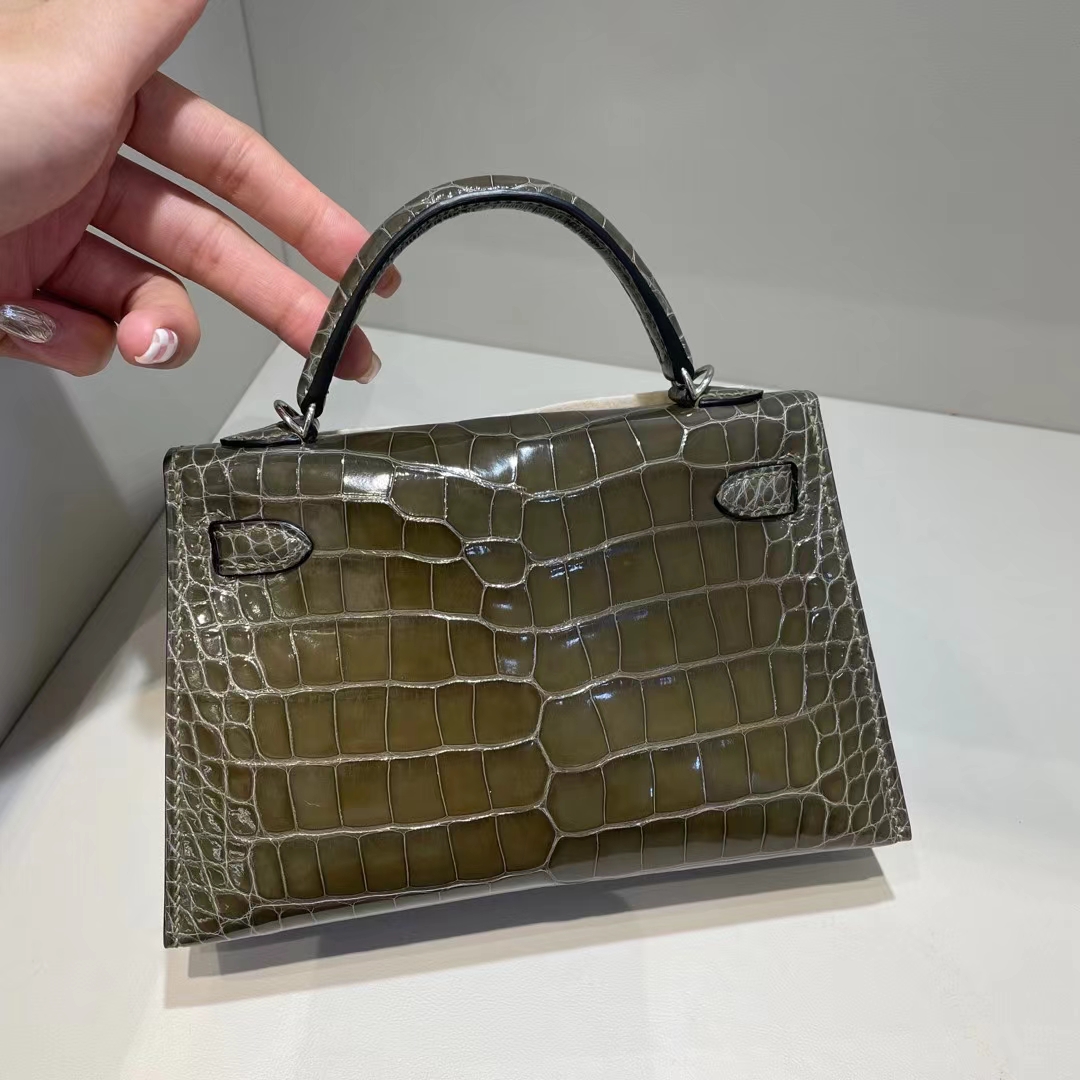 Hermès（爱马仕）Kelly Mini Ⅱ 迷你凯莉 雾面美洲鳄 G8 深橄榄绿 银扣 19cm