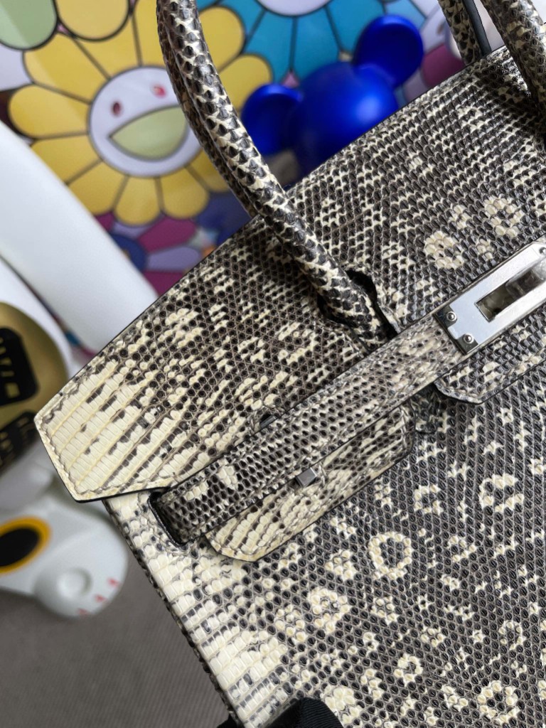 Hermès（爱马仕）Birkin 铂金包 Lizard 进口亮面蜥蜴 原色 小喜马拉雅色 银扣 25cm 顶级手缝