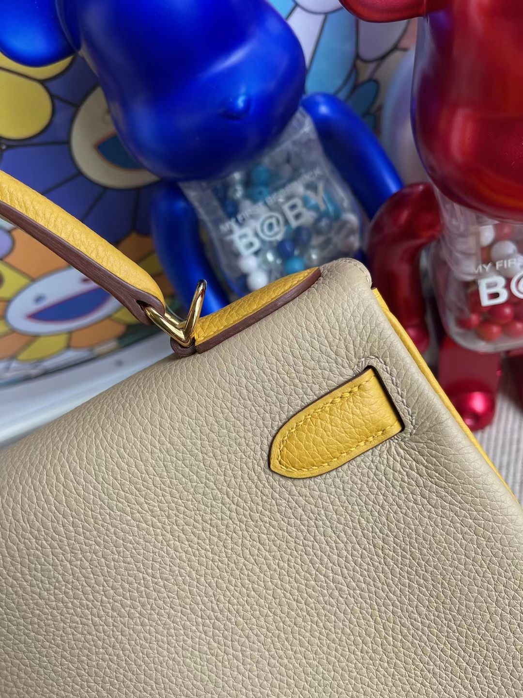 Hermès（爱马仕）Kelly 凯莉包 Togo 顶级小牛皮 Ck81 斑鸠灰 拼 9D 琥珀黄 金扣 28cm