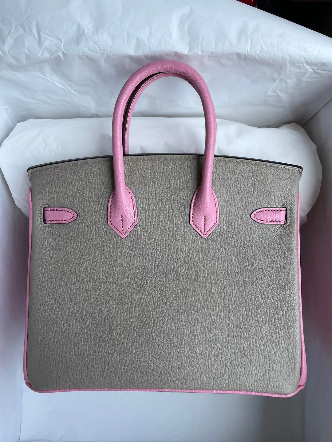 Hermès（爱马仕）Birkin 铂金包 Chevre 进口山羊皮 Ck81 斑鸠灰 拼 5P 樱花粉 金扣 25cm