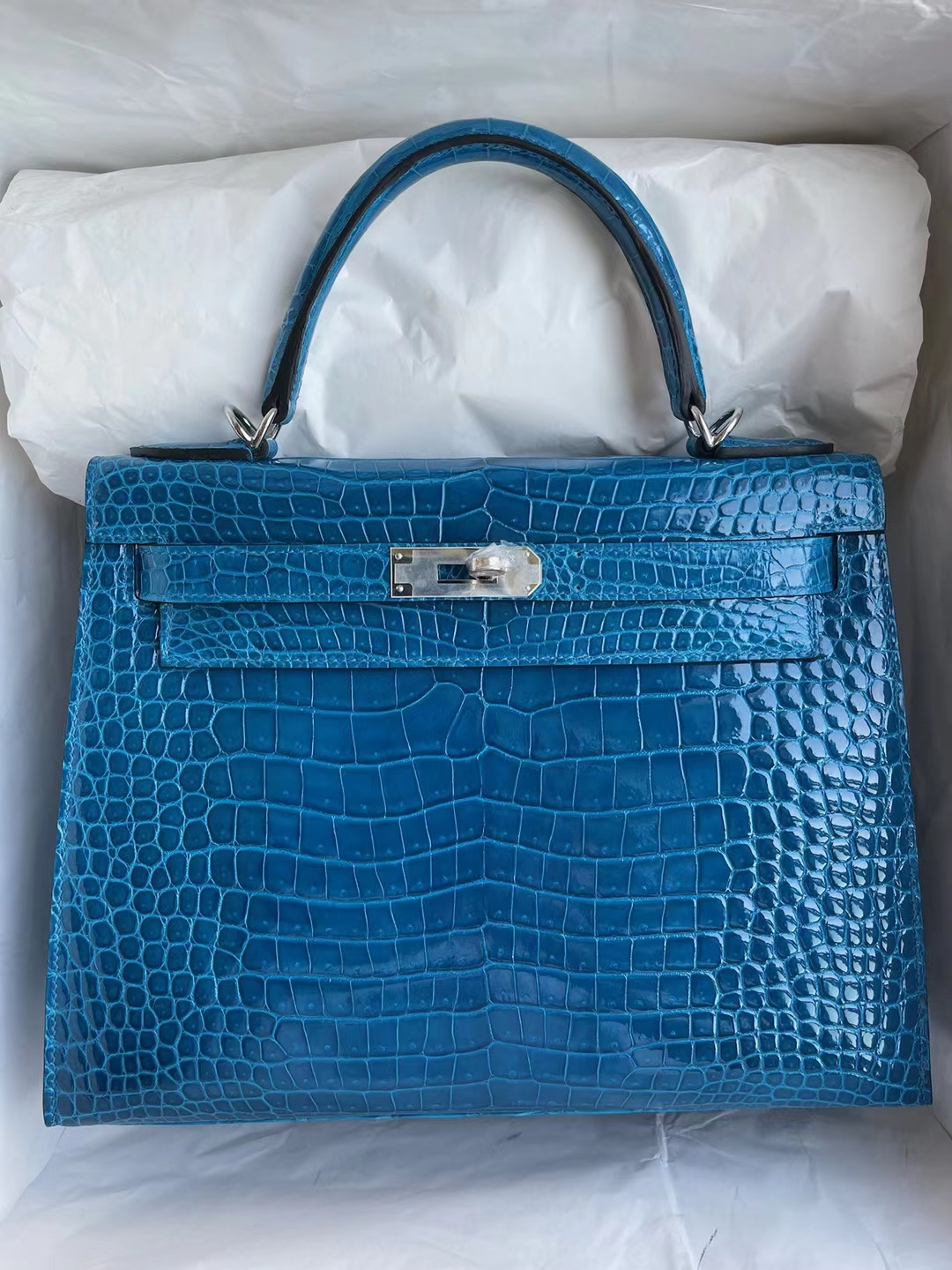 Hermès（爱马仕）Kelly 凯莉包 亮面倒v澳洲湾鳄 shiny alligator crocodile 7w 伊兹密尔蓝 银扣 28cm