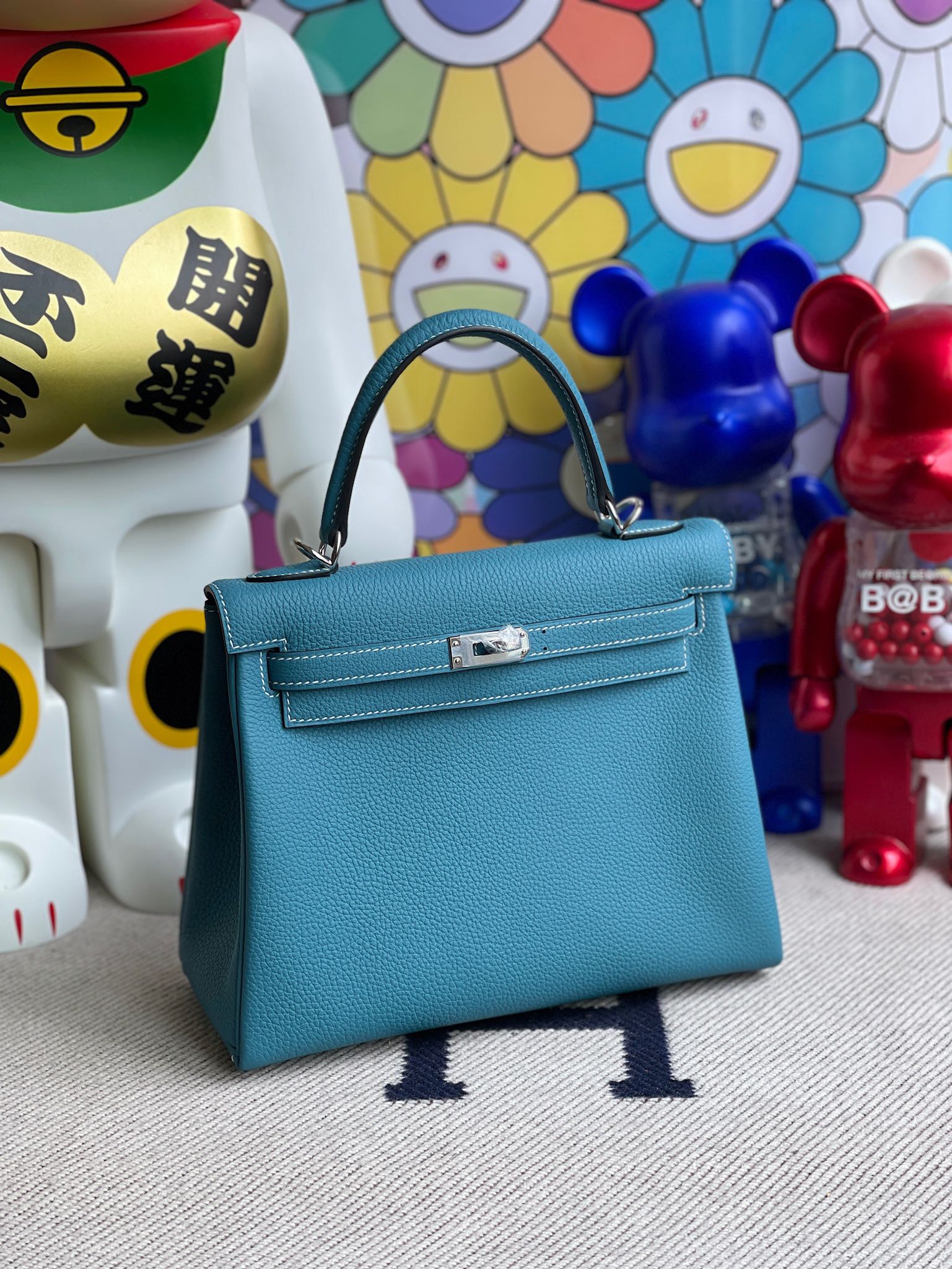Hermès（爱马仕）Kelly 凯莉包 原厂小牛皮 togo ck75 牛仔蓝 银扣 25cm 顶级手缝