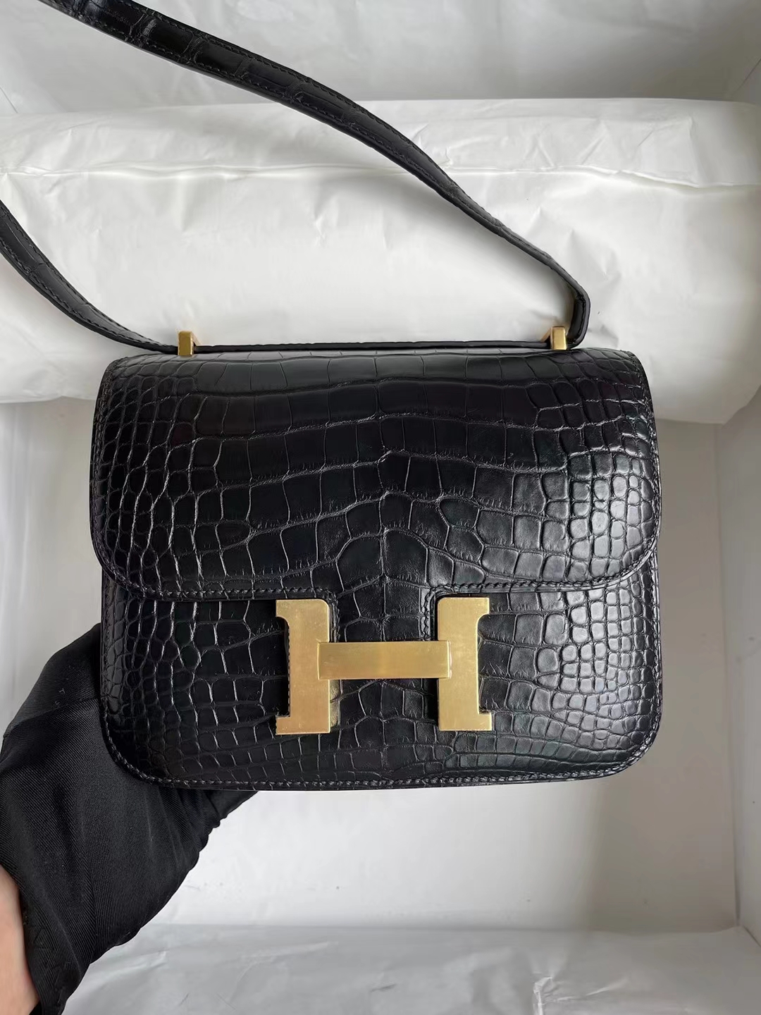 Hermès（爱马仕）Constance 空姐包 雾面美洲鳄 Ck89 黑色 金扣 19cm