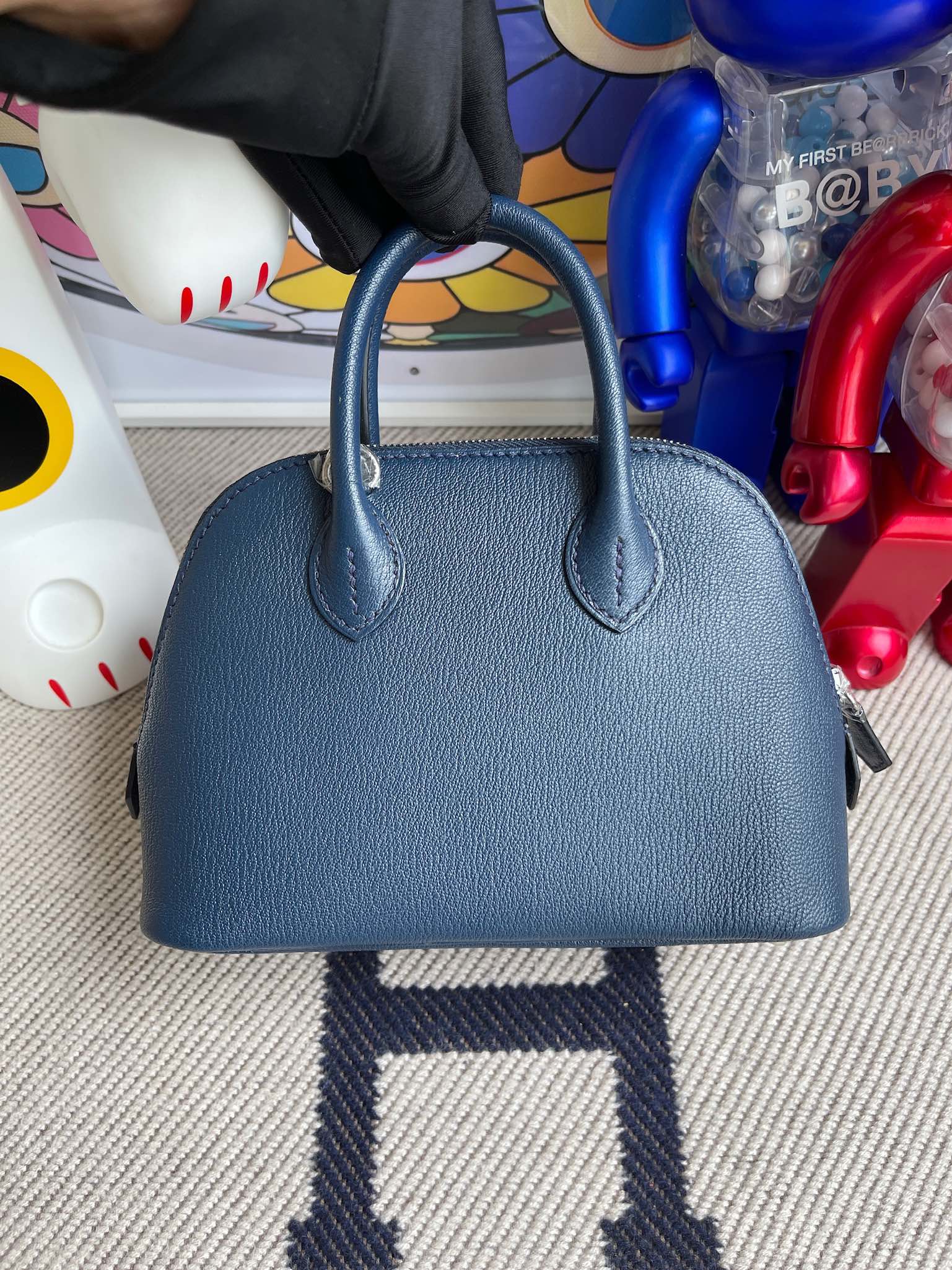 Hermès（爱马仕）Mini bolide Chevre 山羊皮 深蓝色 银扣 顶级手缝 定制