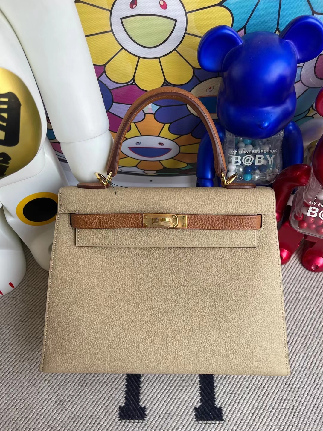 Hermès（爱马仕）Kelly 凯莉包 S2 风衣灰 拼 Ck37 金棕色 Togo 外缝 金扣 25cm