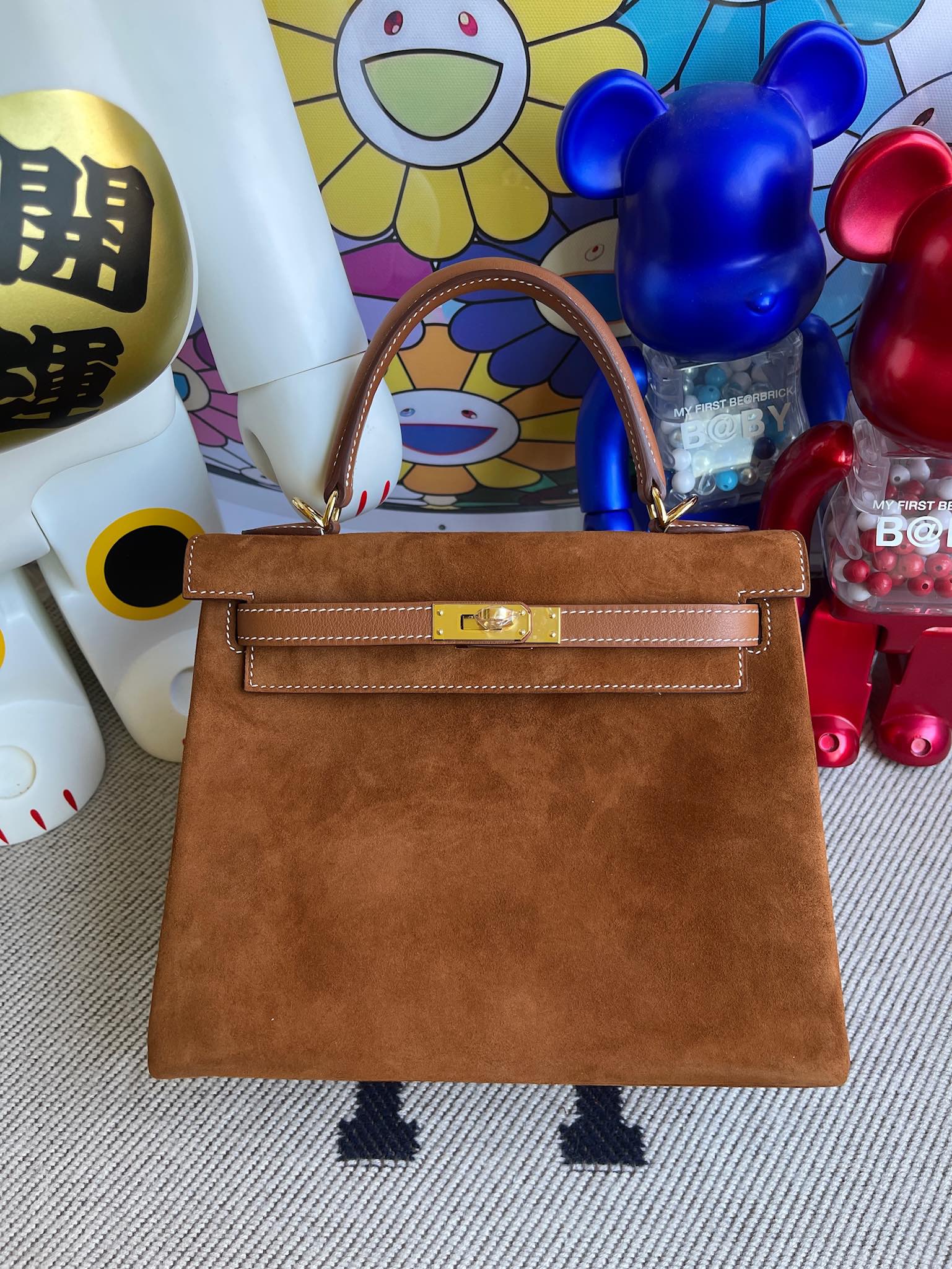 Hermès（爱马仕）Kelly 凯莉包 麂皮 拼 swift 金棕色 金扣 25cm 顶级手缝