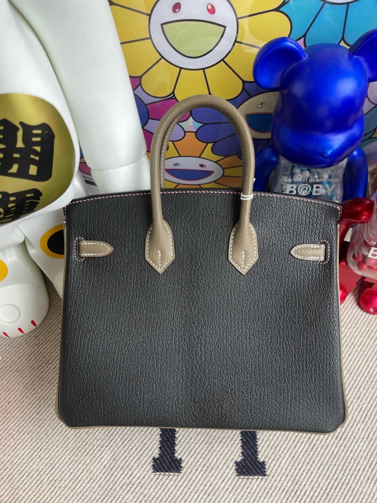 Hermès（爱马仕）Birkin 铂金包 Chevre 山羊皮 ck89 黑色 拼 大象灰 内拼 唇膏粉 磨砂金扣 马蹄印 25cm 定制