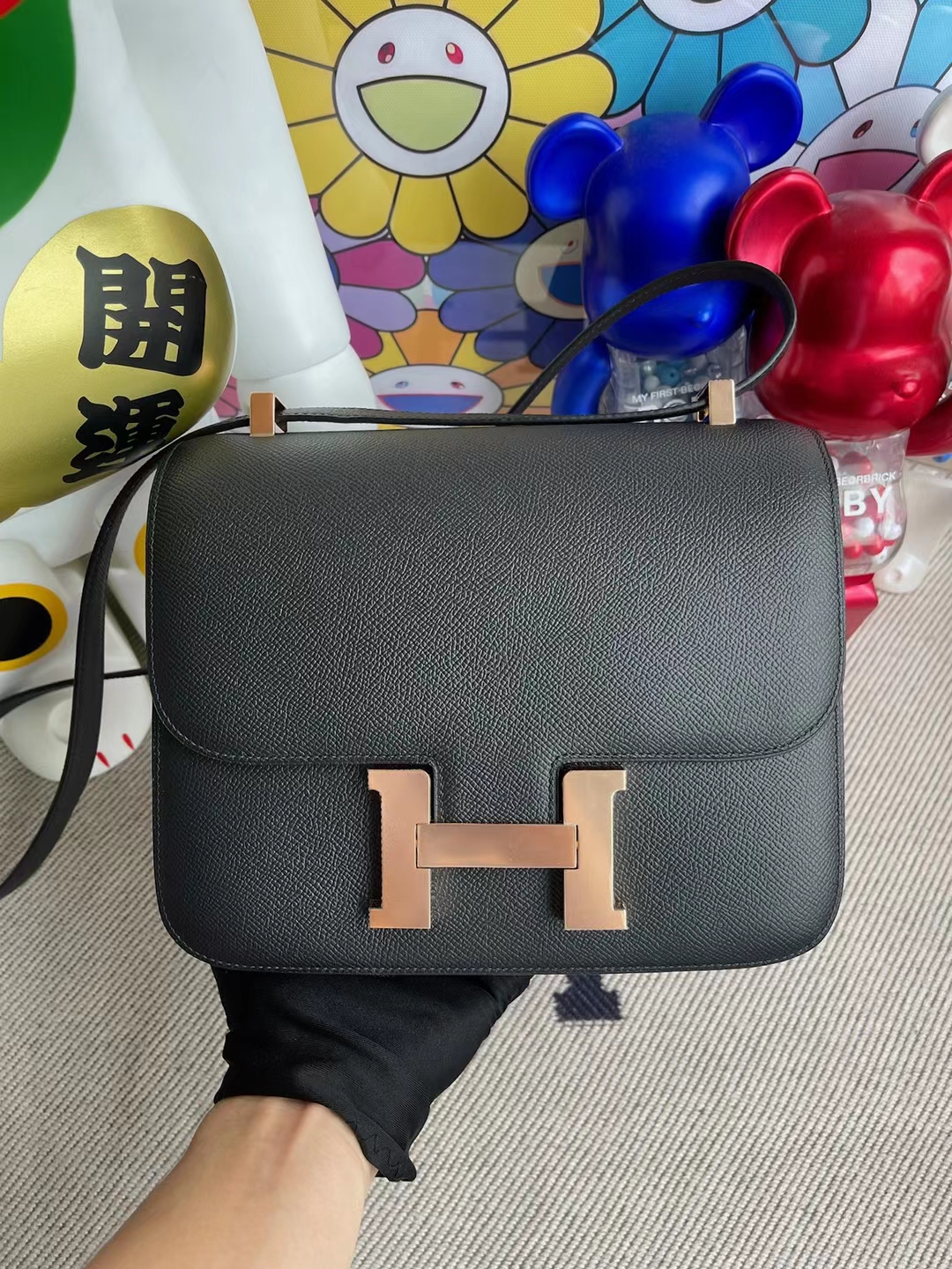 Hermès（爱马仕）Constance 空姐包 Epsom Ck89 黑色 玫瑰金扣 24cm