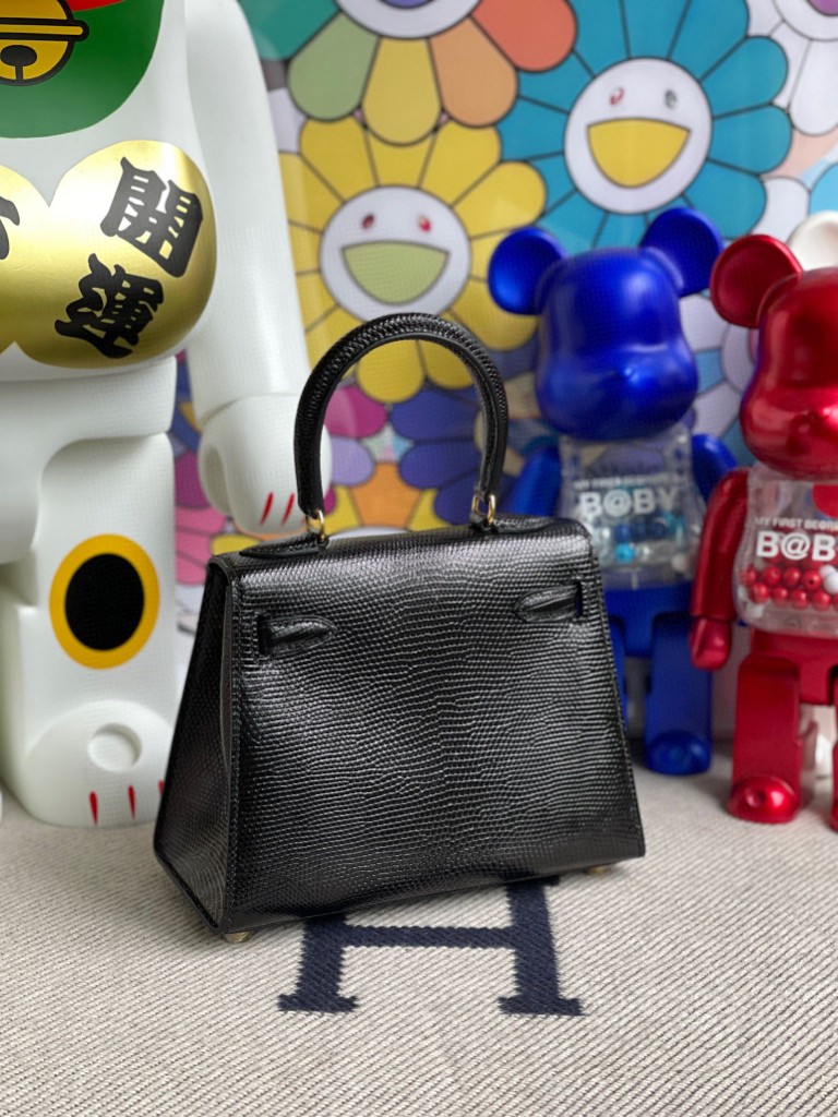 Hermès（爱马仕）Kelly 20cm 大耳朵 Lizard 进口亮面蜥蜴 ck89 黑色 Noir 金扣 顶级手缝