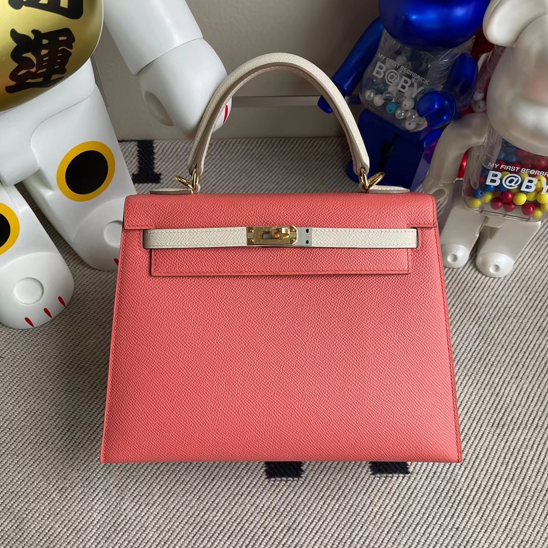 Hermès（爱马仕）Kelly 凯莉包 Epsom 龙虾粉 拼 奶昔白 金扣 25cm