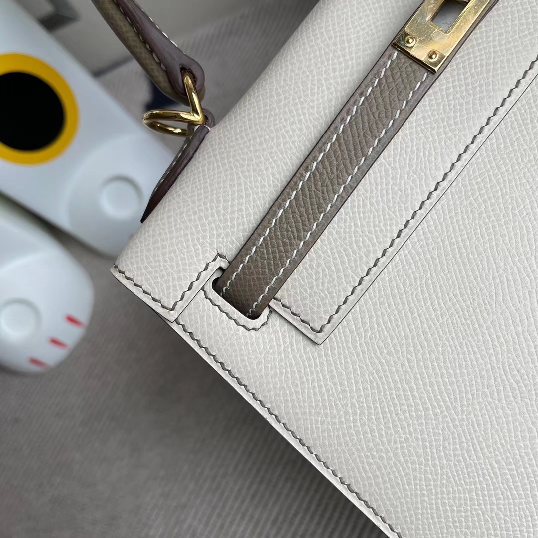 Hermès（爱马仕）Kelly 凯莉包 Epsom Ck10 奶昔白 拼 ck18 大象灰 金扣 25cm