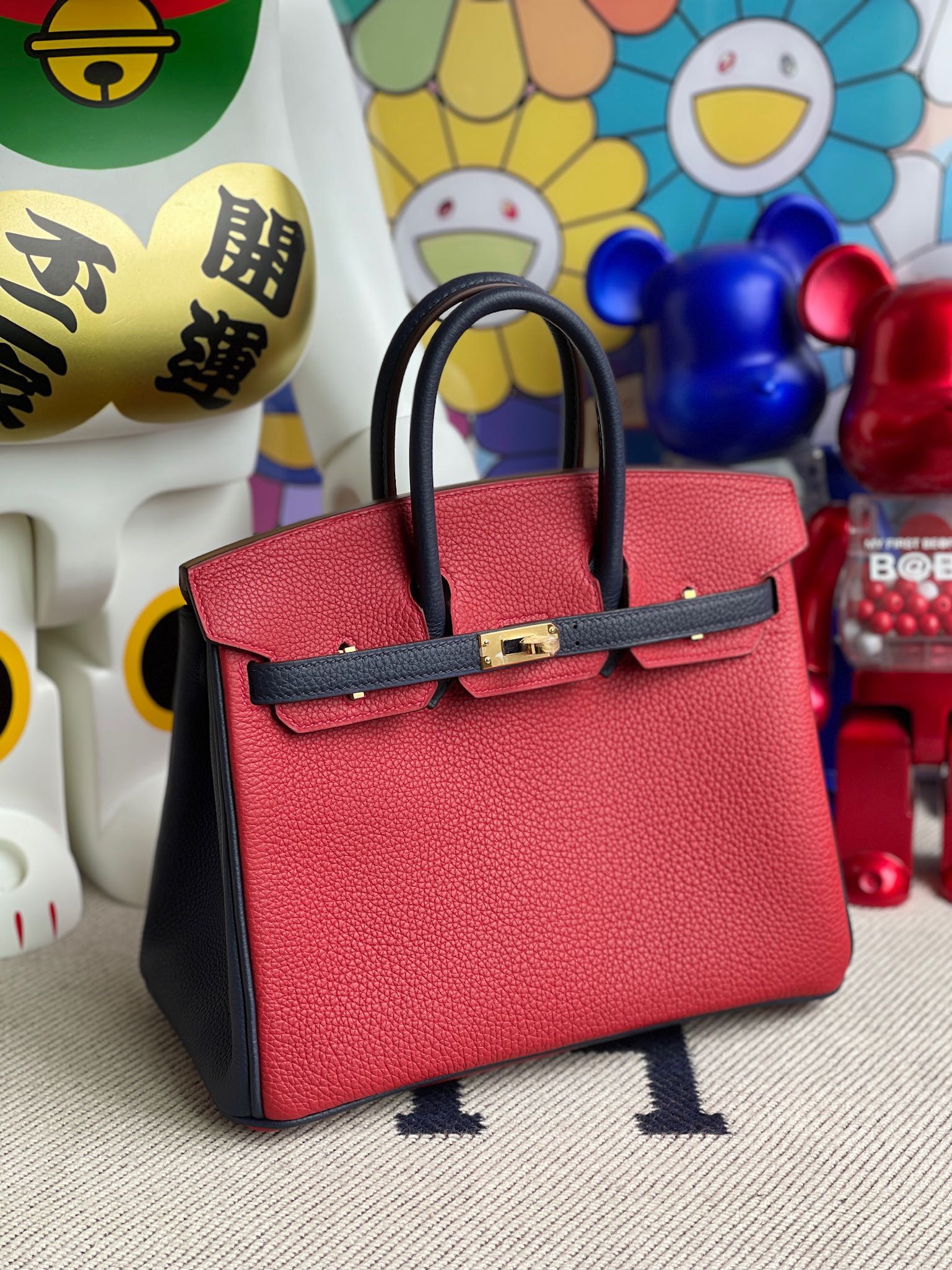 Hermès（爱马仕）Birkin 铂金包 原厂小牛皮Togo Q5 国旗红 拼 午夜蓝 金扣 马蹄银 25cm 顶级手缝