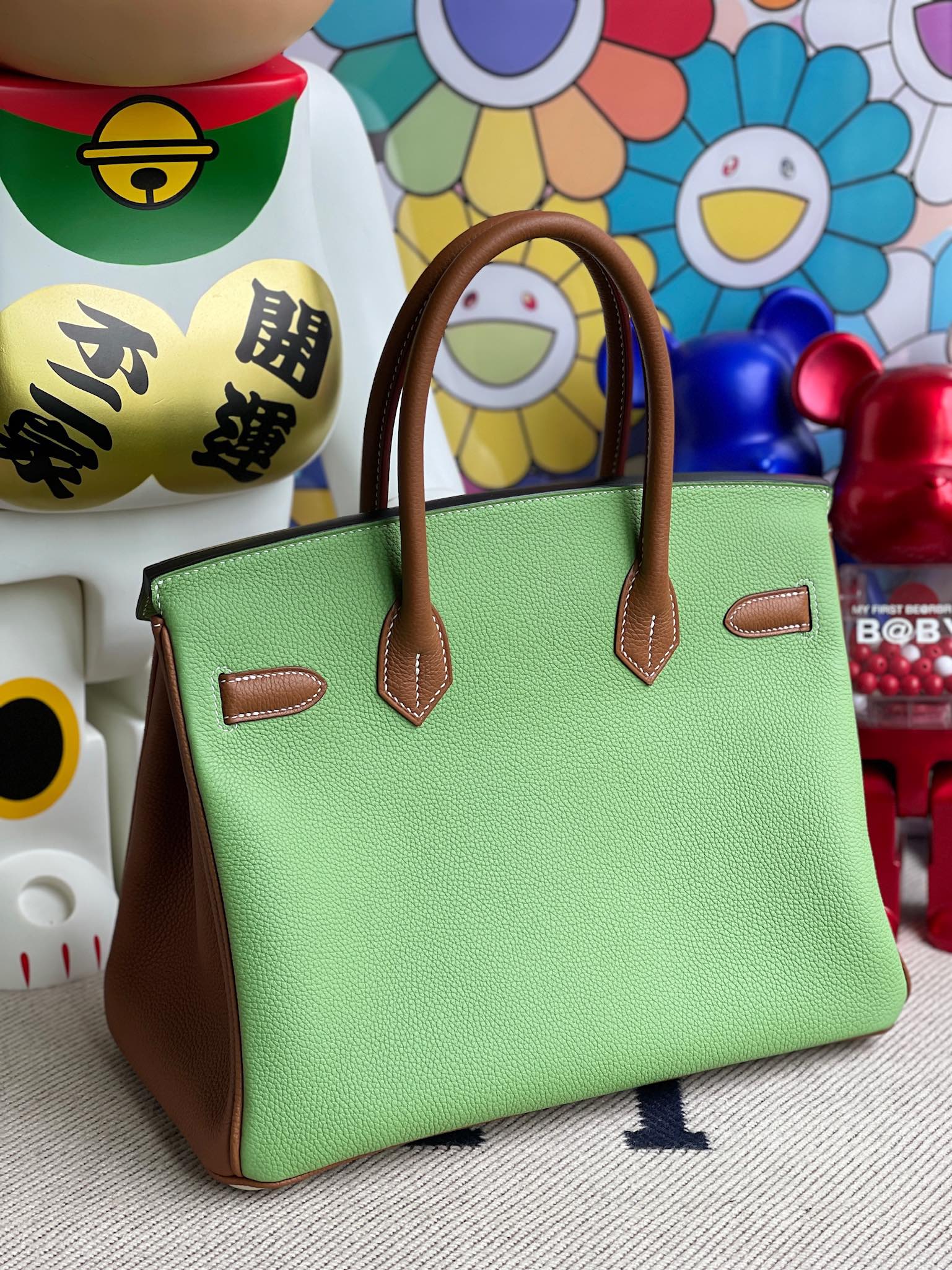Hermès（爱马仕）Birkin 铂金包 原厂小牛皮Togo 奶昔白 拼 牛油果绿 拼 金棕 银扣 30cm 马蹄印 顶级手缝