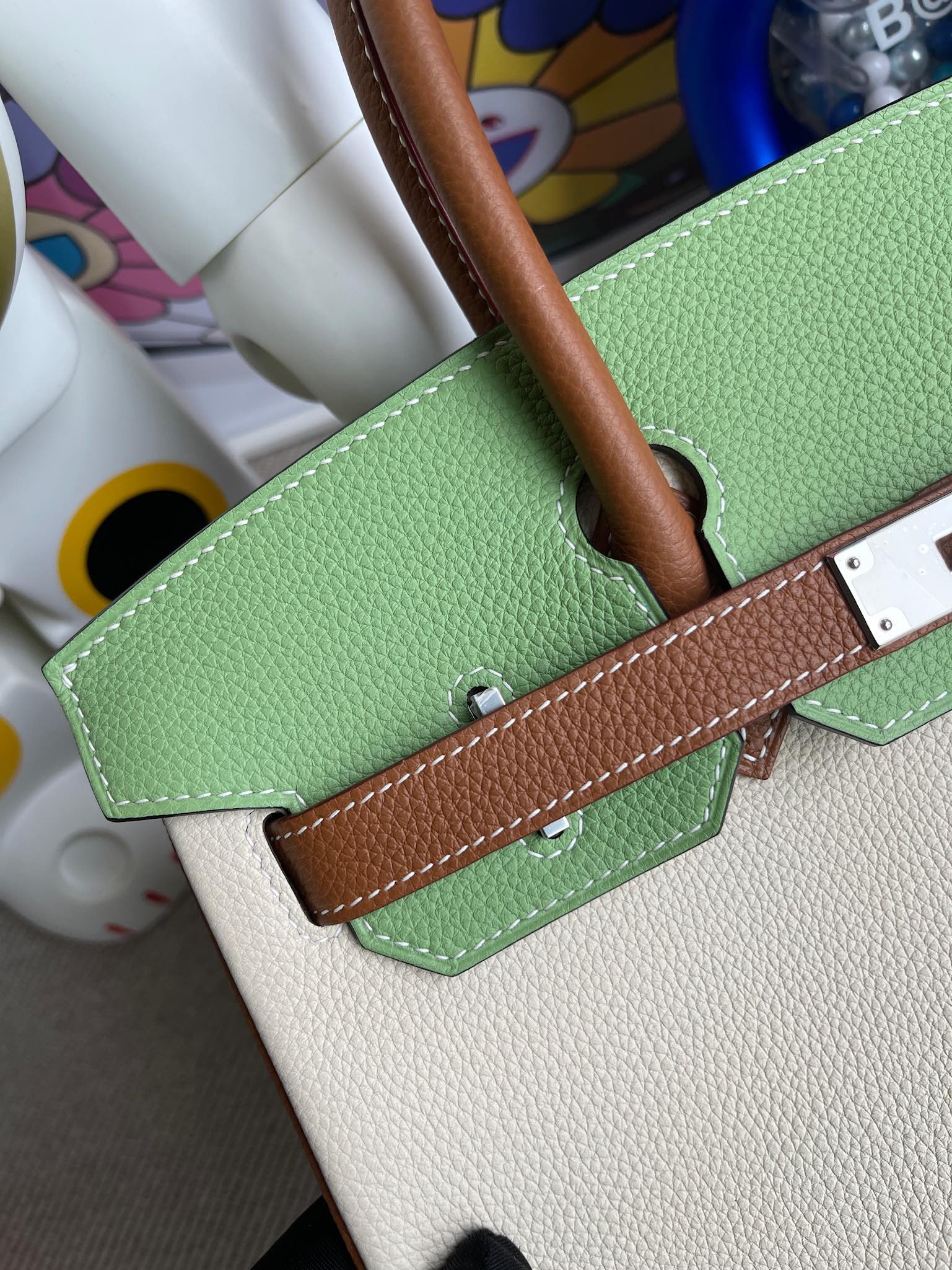 Hermès（爱马仕）Birkin 铂金包 原厂小牛皮Togo 奶昔白 拼 牛油果绿 拼 金棕 银扣 30cm 马蹄印 顶级手缝