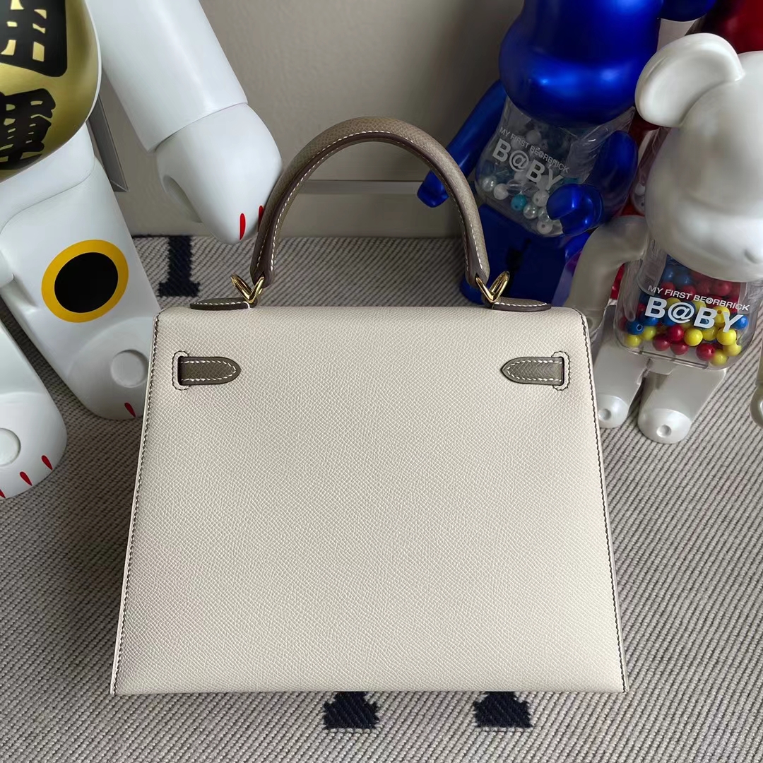 Hermès（爱马仕）Kelly 凯莉包 Epsom Ck10 奶昔白 拼 ck18 大象灰 金扣 25cm