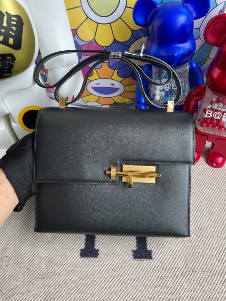Hermès（爱马仕）Verrou 机枪包 Box calf ck89 黑色 Noir 金扣 21cm 顶级手缝 定制