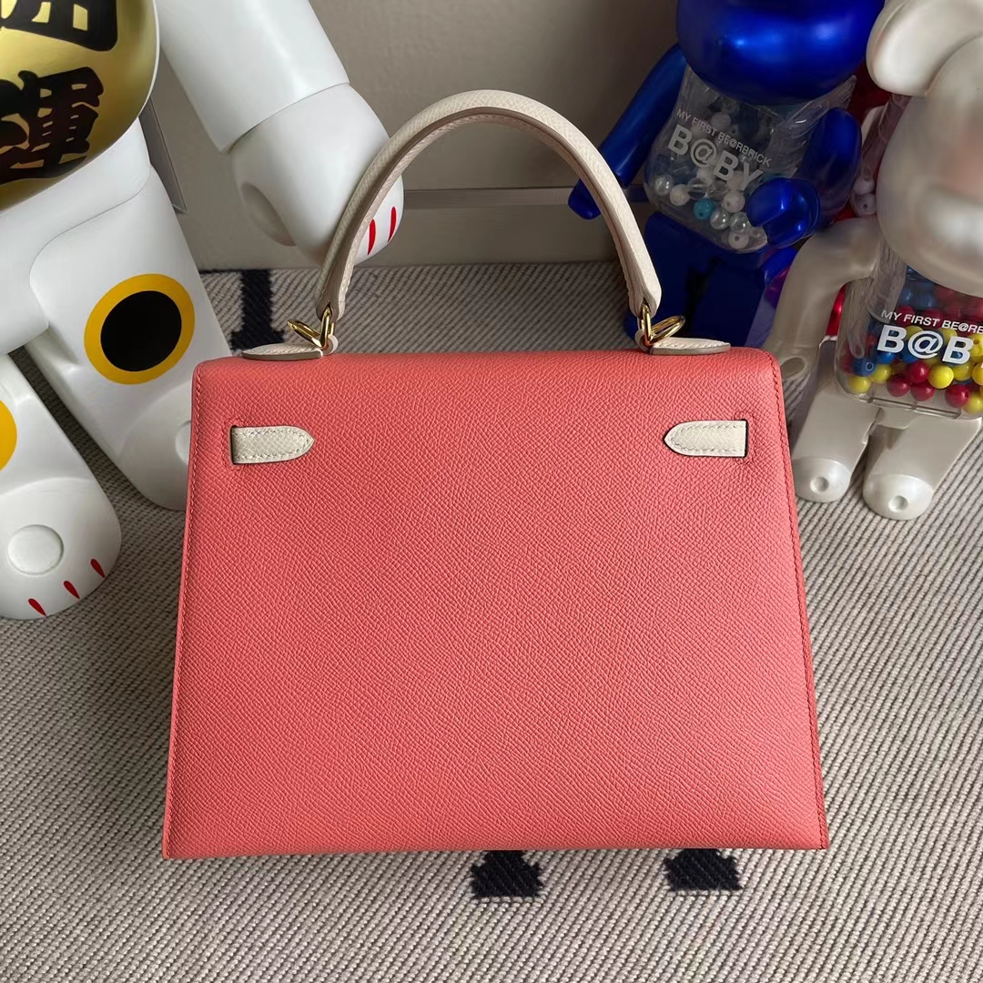Hermès（爱马仕）Kelly 凯莉包 Epsom 龙虾粉 拼 奶昔白 金扣 25cm