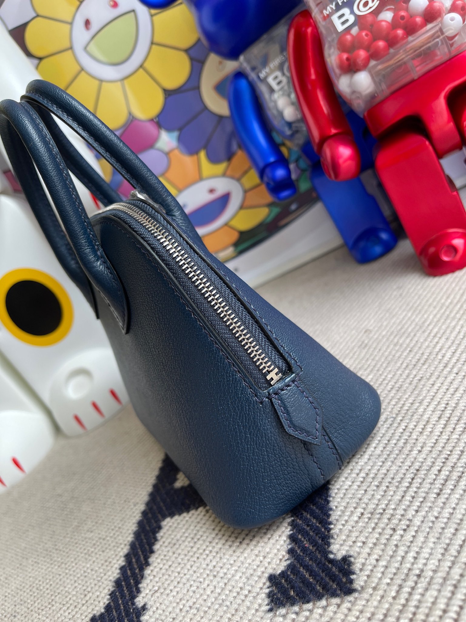 Hermès（爱马仕）Mini bolide Chevre 山羊皮 深蓝色 银扣 顶级手缝 定制