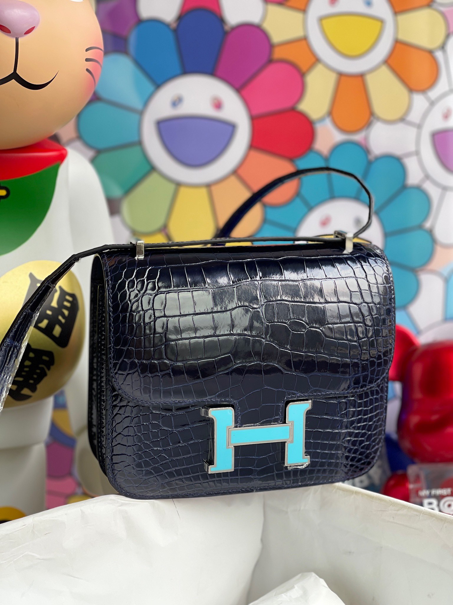 Hermès（爱马仕）Constance 康斯坦斯 Alligator shiny 亮面鳄鱼 宝石蓝 珐琅扣 18cm 顶级手缝