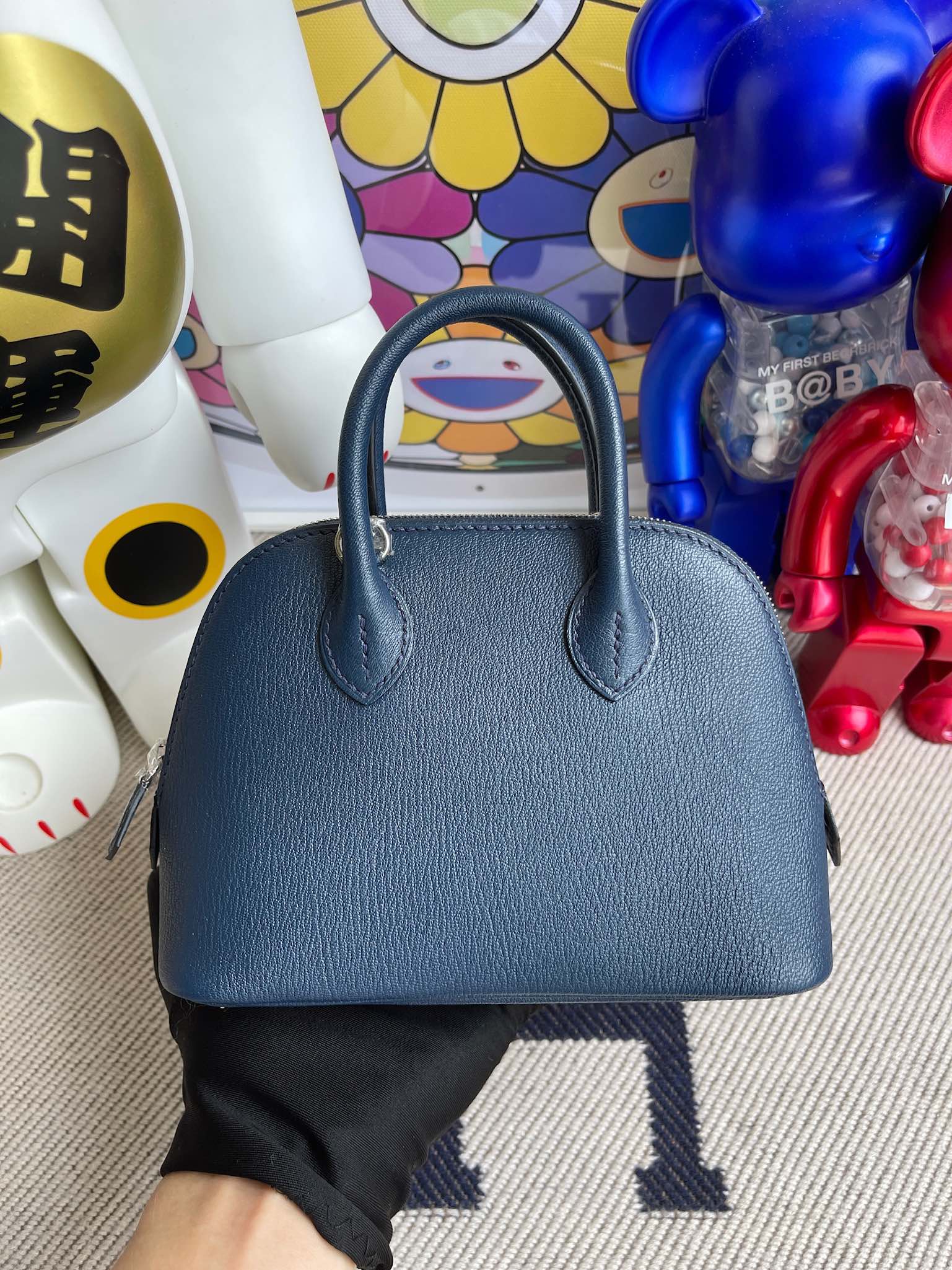 Hermès（爱马仕）Mini bolide Chevre 山羊皮 深蓝色 银扣 顶级手缝 定制