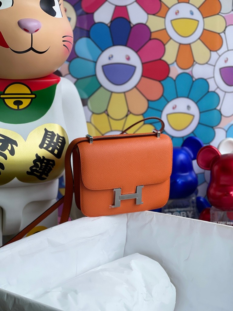 Hermès（爱马仕）Constance 康斯坦斯 Epsom 原厂掌纹皮 93 橙色 orange 银扣 14cm 顶级手缝