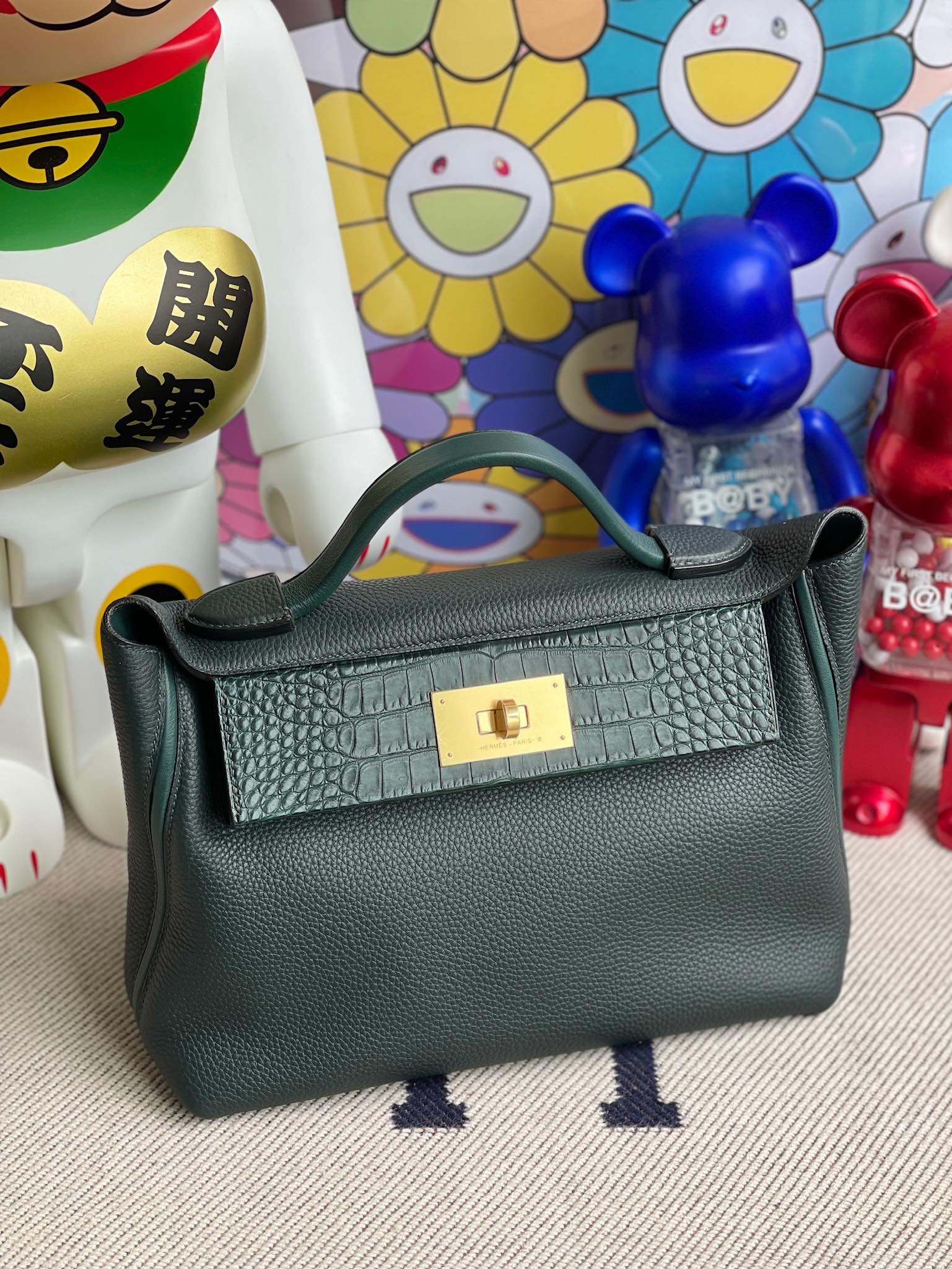 Hermès（爱马仕）Touch 系列 2424 原版小牛皮 拼 鳄鱼皮 柏树绿 金扣 29cm 顶级手缝