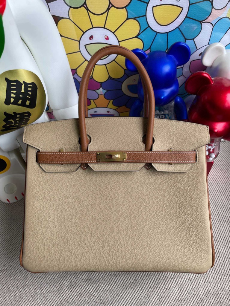 Hermès（爱马仕）Birkin 铂金包 原厂小牛皮  风衣灰拼金棕色 金扣 马蹄印 30cm 顶级手缝