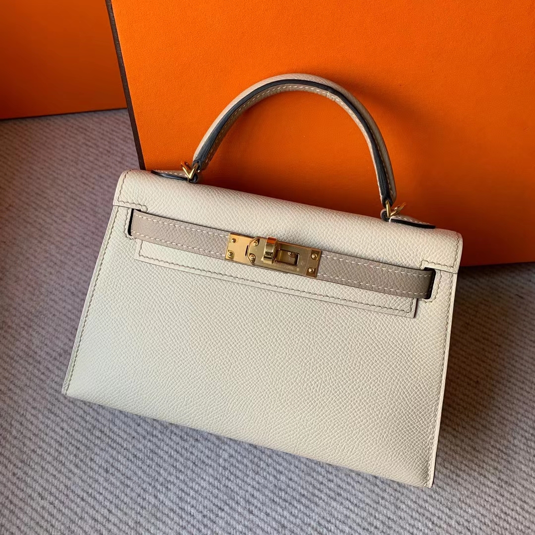 Hermès（爱马仕）Kelly Mini Ⅱ 迷你凯莉 Hss Epsom Ck10 奶昔白 拼 S2 风衣灰 金扣 19cm