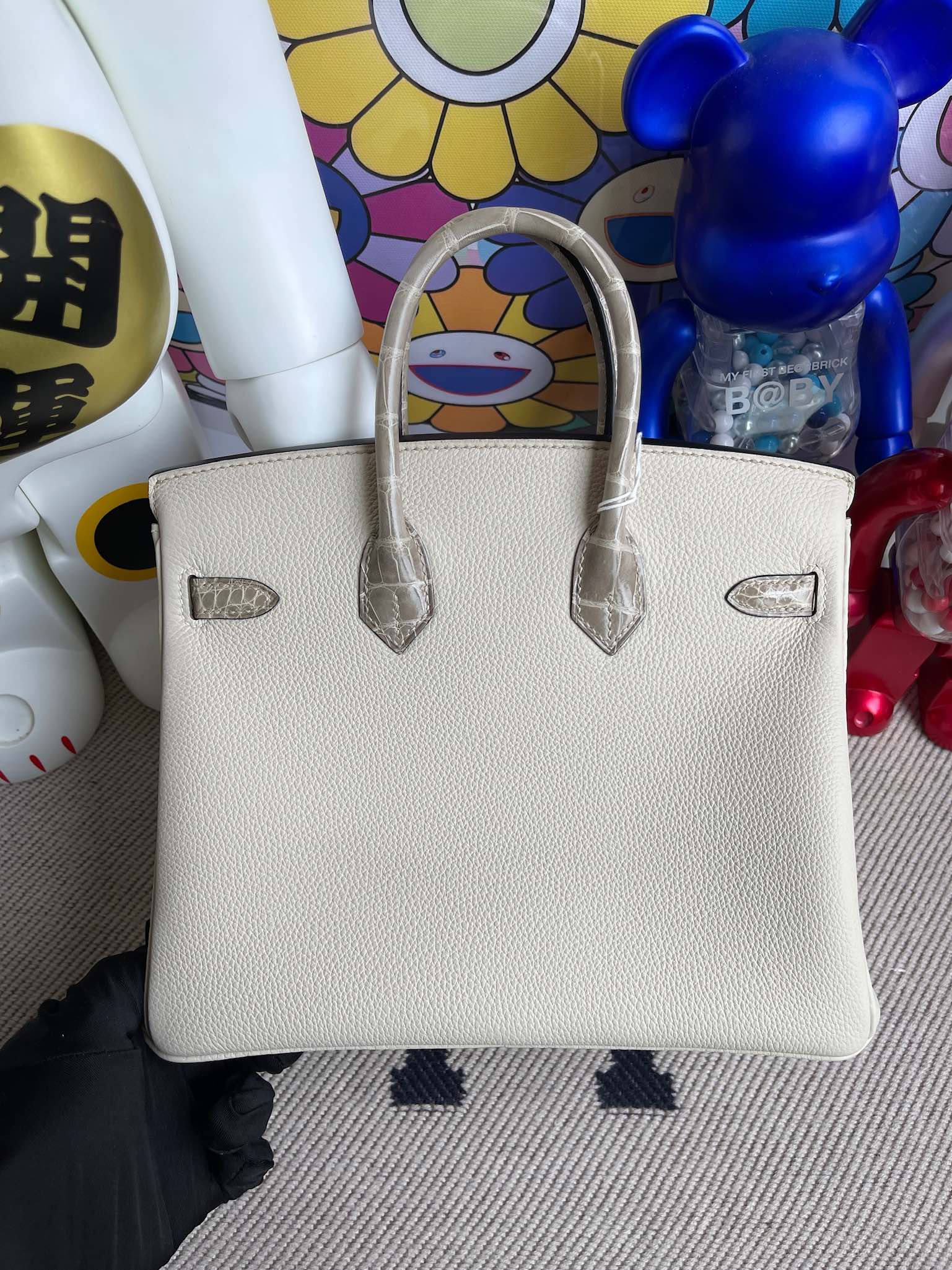 Hermès（爱马仕）Touch 系列 Birkin 铂金包 奶油白 拼 斑鸠灰 亮面鳄鱼 玫瑰金扣 25cm 顶级手缝