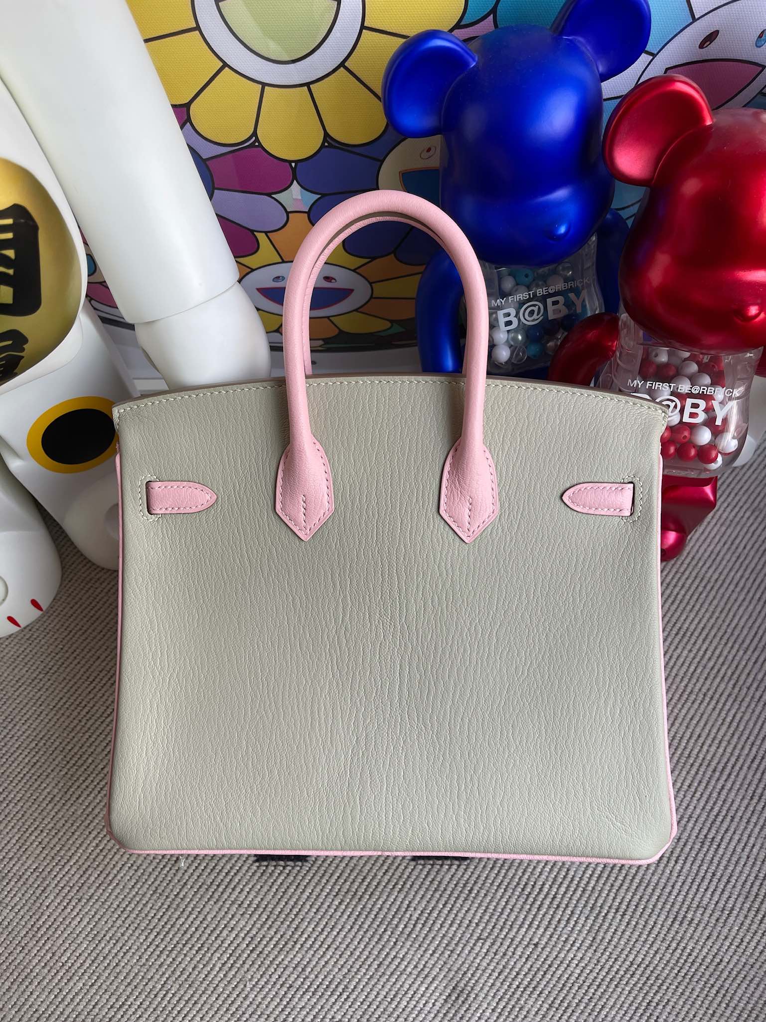 Hermès（爱马仕）Birkin 铂金包 Chevre 山羊皮 斑鸠灰 拼 3Q粉 金扣 马蹄印 25cm 顶级手缝