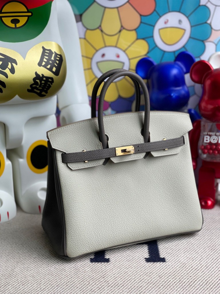 Hermès（爱马仕）Birkin 铂金包 原厂小牛皮 ck10 奶昔白 拼 锡器灰 金扣 马蹄印 25cm 顶级手缝