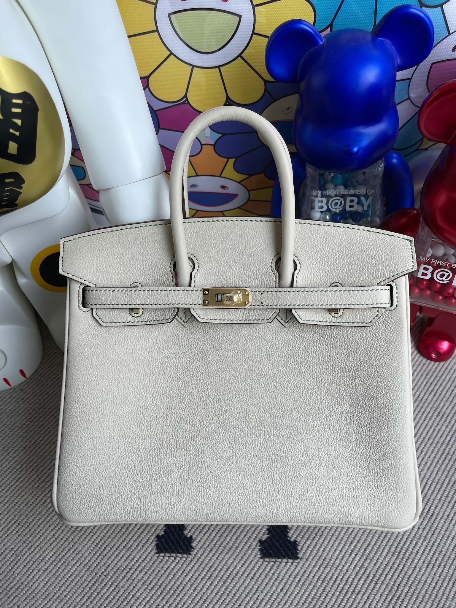 Hermès（爱马仕）Birkin 铂金包 原厂小牛皮 ck10 奶昔白 内拼 竹子绿 Bamboo 金扣 25cm 顶级手缝