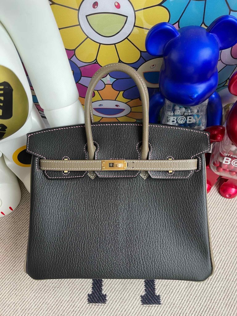 Hermès（爱马仕）Birkin 铂金包 Chevre 山羊皮 ck89 黑色 拼 大象灰 内拼 唇膏粉 磨砂金扣 马蹄印 25cm 定制