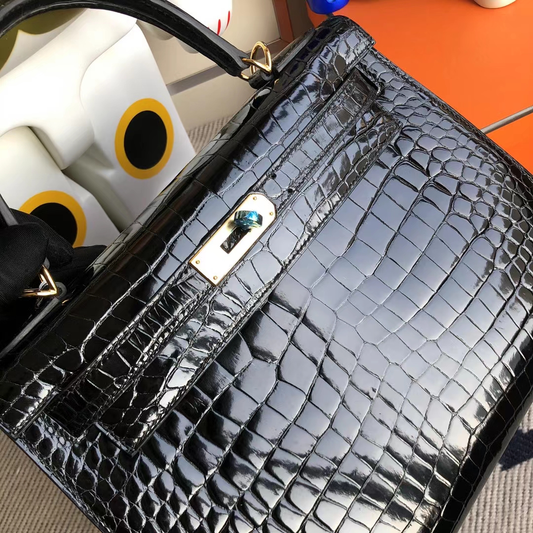 Hermès（爱马仕）Kelly 凯莉包 亮面倒v澳洲湾鳄 Ck89 黑色 shiny porosus crocodile 金扣 28cm