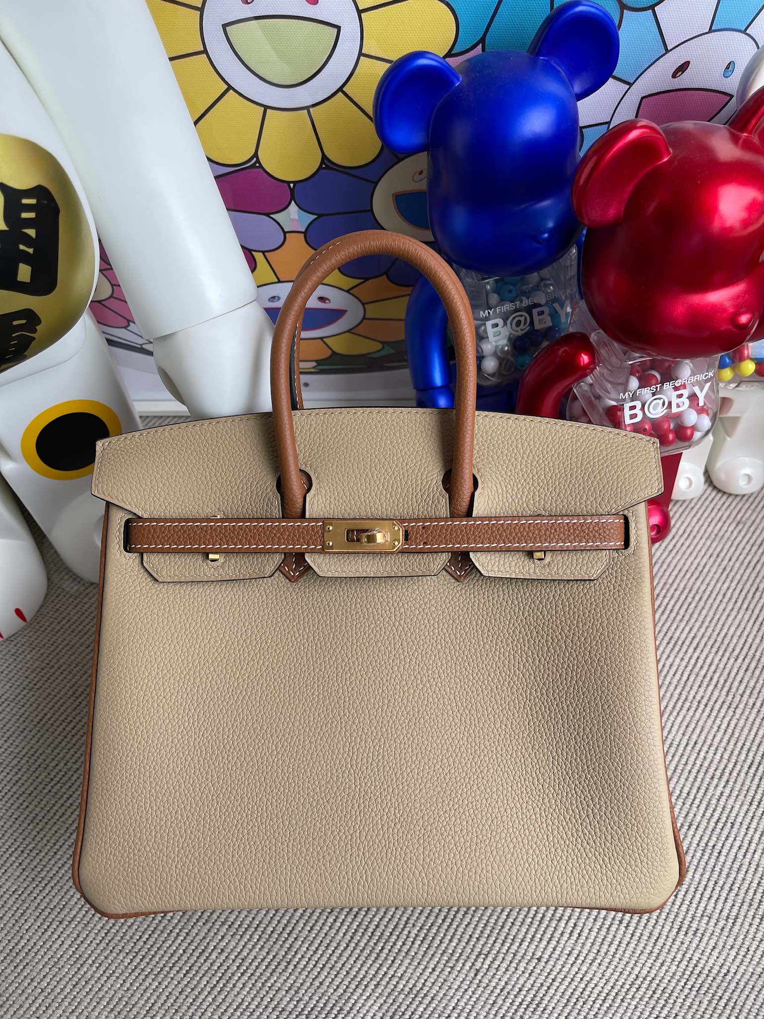 Hermès（爱马仕）Birkin 铂金包 原厂小牛皮 togo S2 风衣灰 拼 金棕 金扣 马蹄印 25cm 顶级手缝