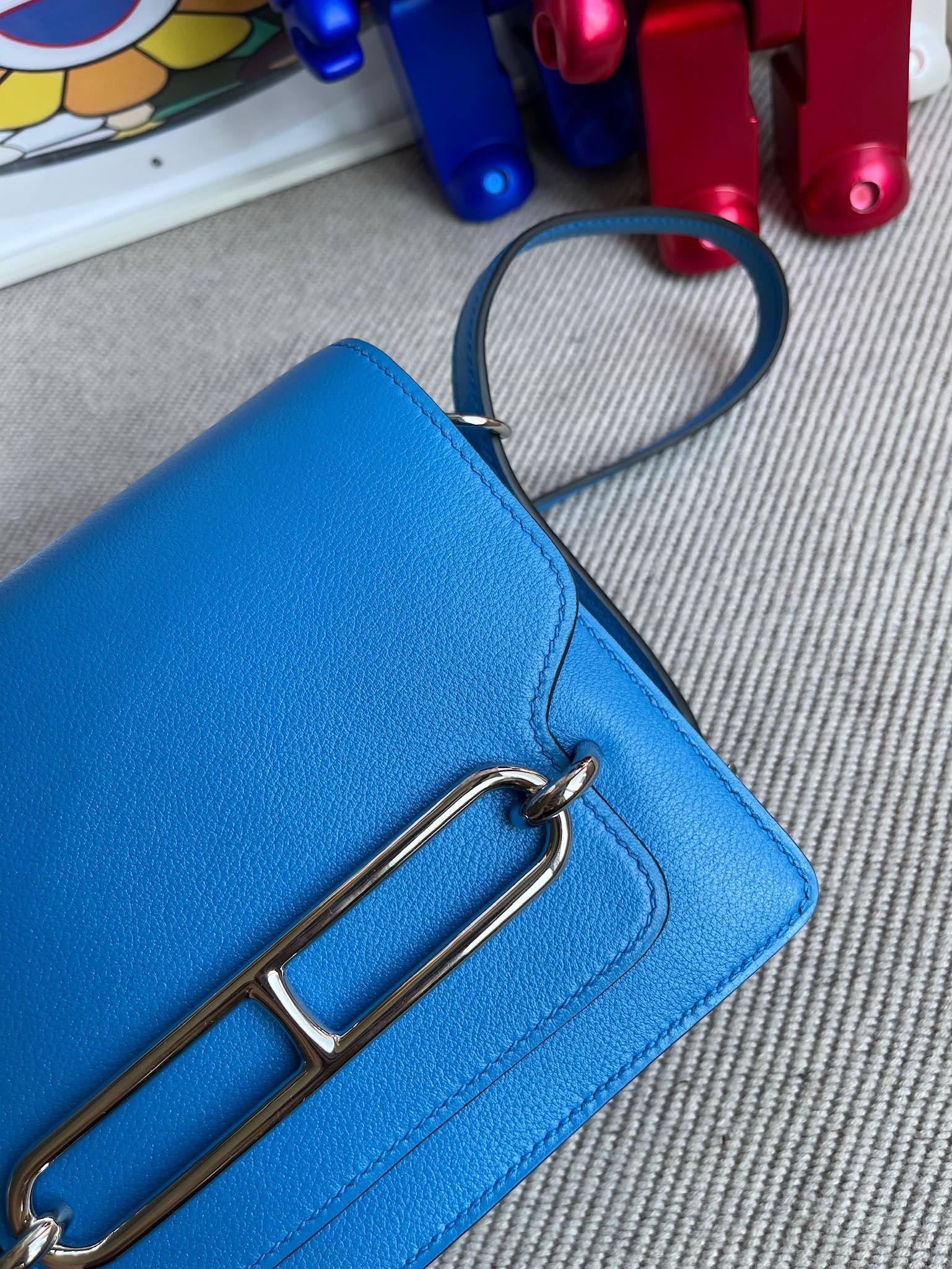 Hermès（爱马仕）Roulis 猪鼻子 evecolor 水妖蓝 内拼 心红色 银扣 18cm 顶级手缝