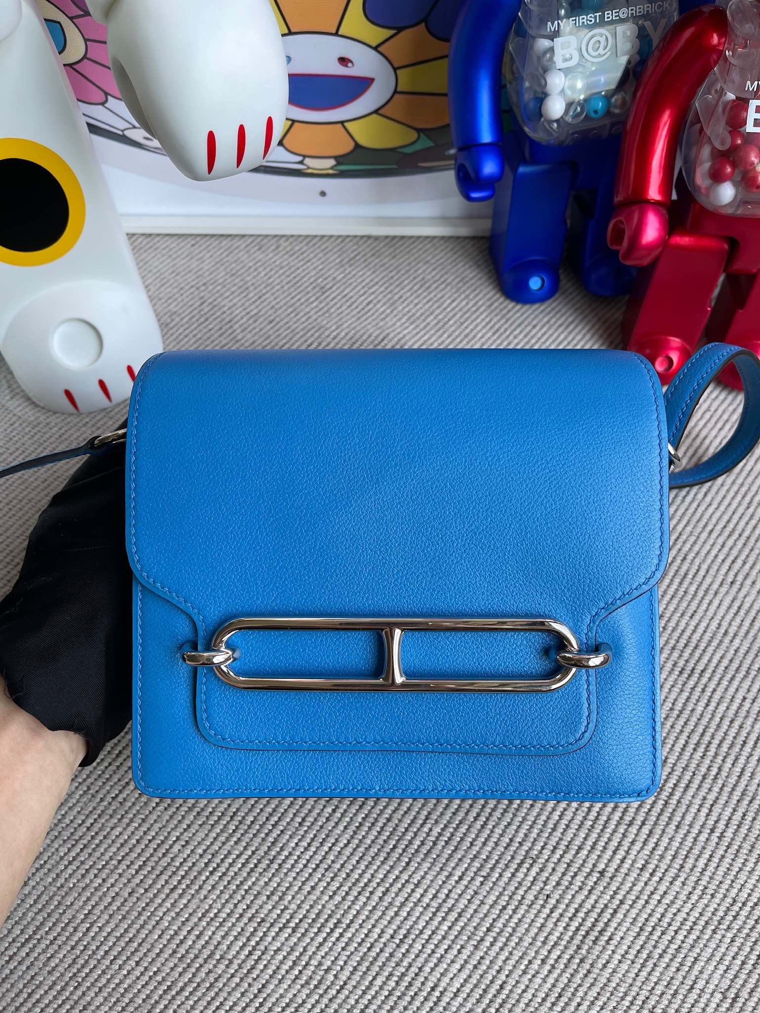 Hermès（爱马仕）Roulis 猪鼻子 evecolor 水妖蓝 内拼 心红色 银扣 18cm 顶级手缝