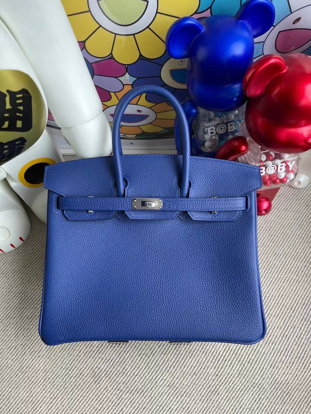 Hermès（爱马仕）Birkin 铂金包 togo 7T 电光蓝内拼橙色 银扣 25cm
