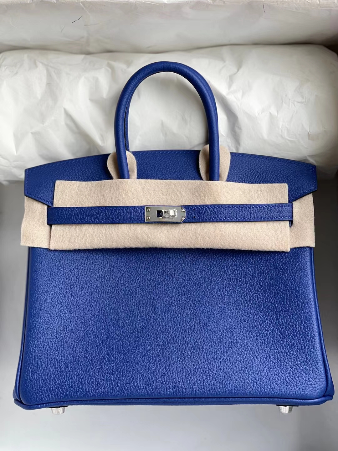 Hermès（爱马仕）Birkin 铂金包 togo 7T 电光蓝内拼橙色 银扣 25cm