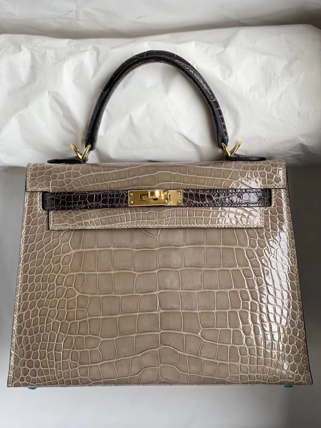 Hermès（爱马仕）Kelly 凯莉包 亮面美洲鳄 Ck81 斑鸠灰 拼 Ck88 石墨灰 金扣 马蹄印 shiny alligator 25cm