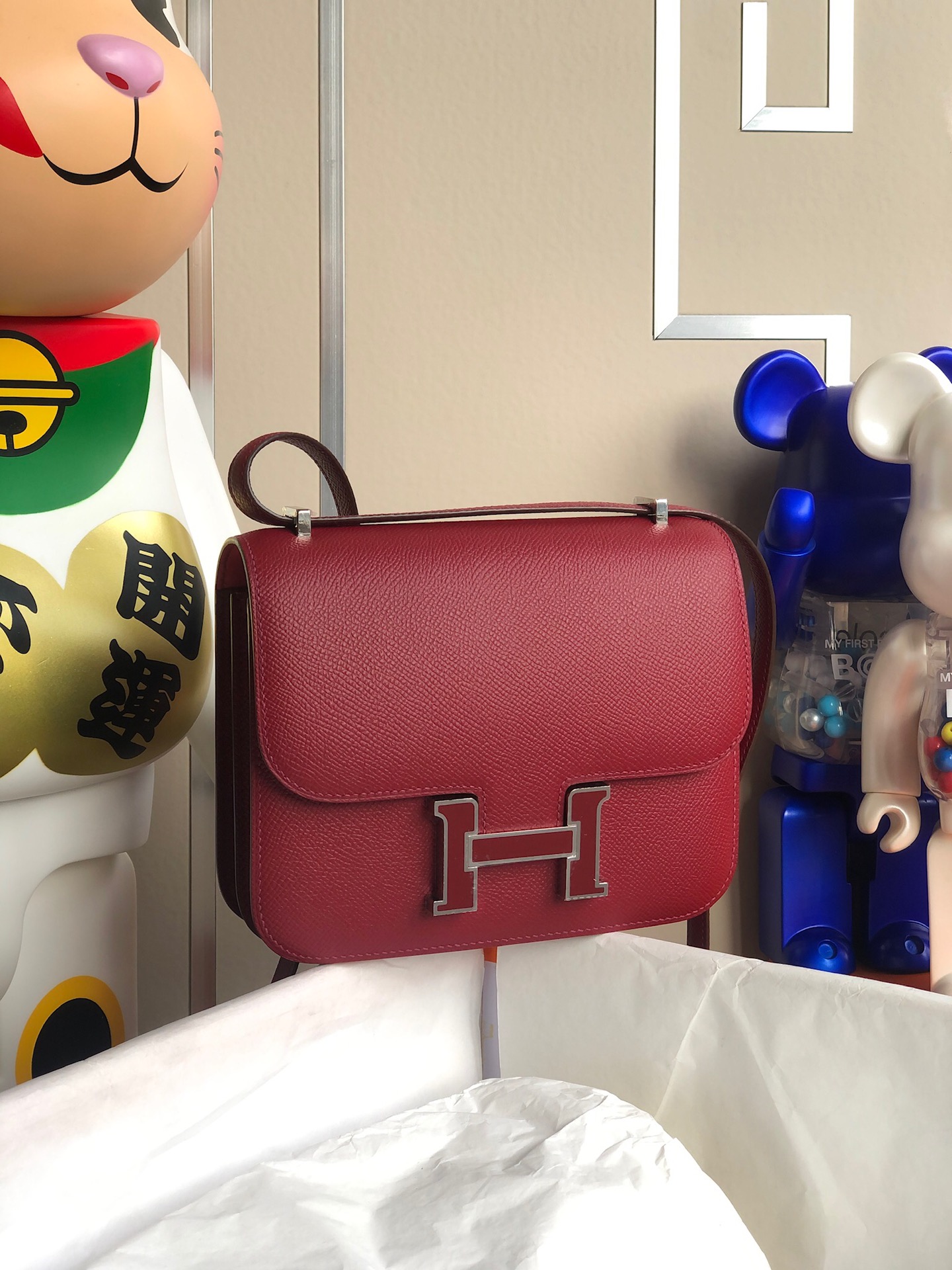 Hermès（爱马仕）Constance 康斯坦斯 Epsom 原厂掌纹皮 k1 石榴红 珐琅扣 银扣 18cm 顶级手缝