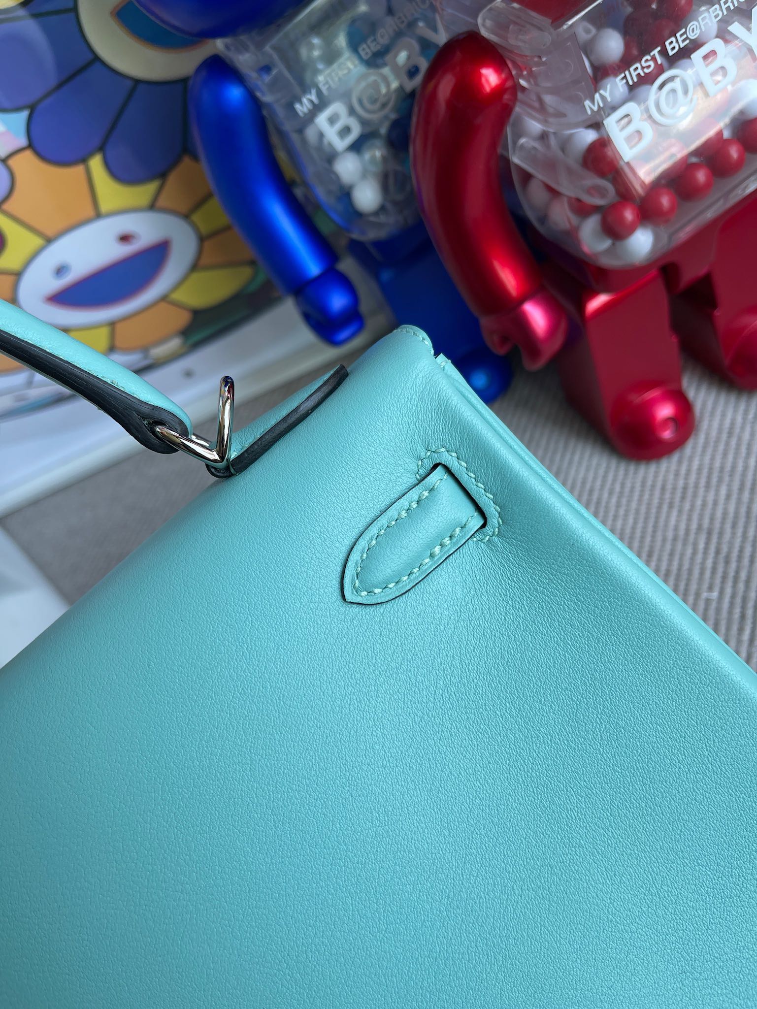 Hermès（爱马仕）Kelly 凯莉包 Swift 3p 马卡龙蓝 内拼 3Q粉 银扣 25cm 顶级手缝