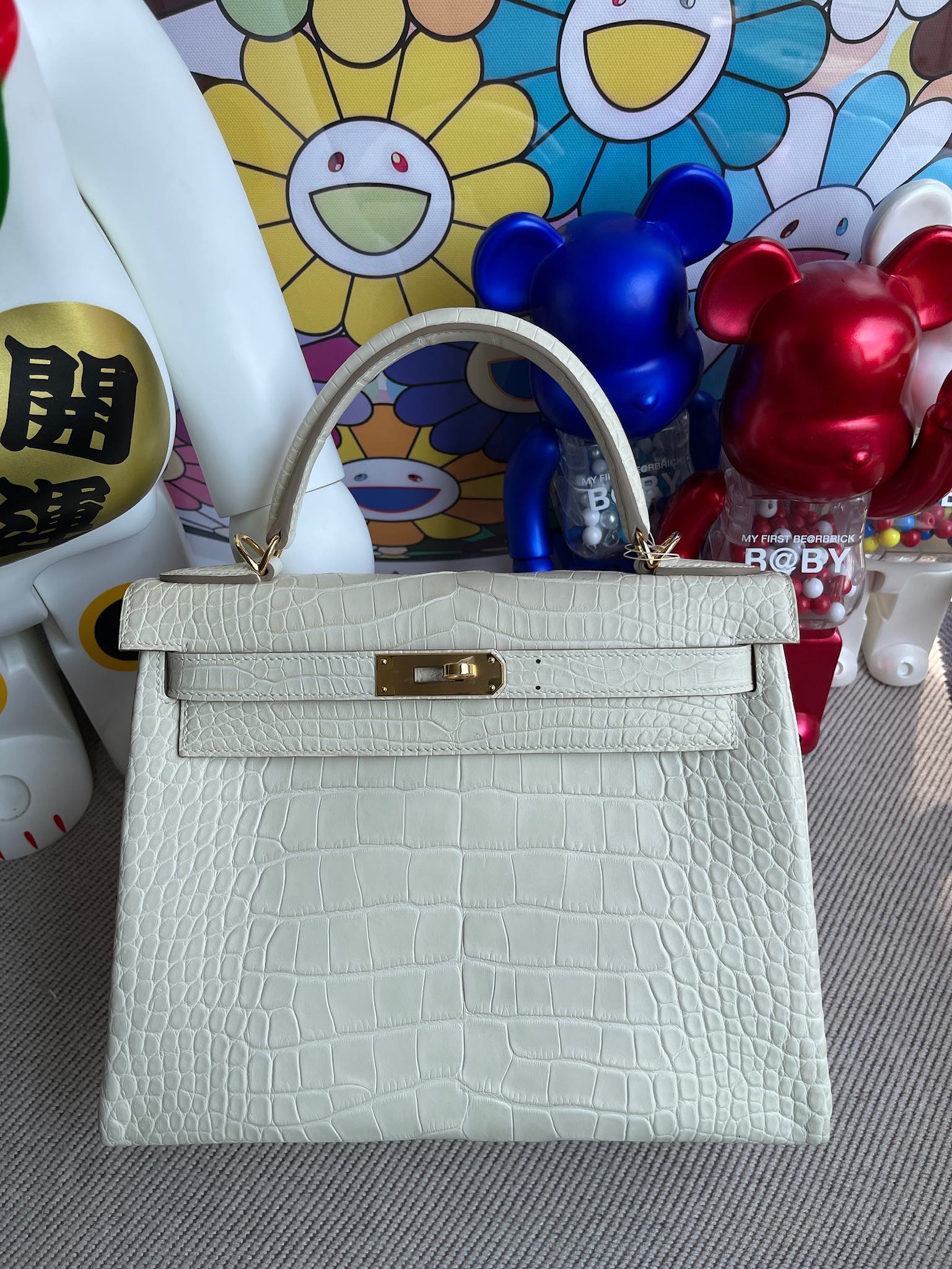 Hermès（爱马仕）Kelly 凯莉包 Alligator matt 雾面鳄鱼 8L 奶油白 Boton 金扣 28cm 顶级手缝