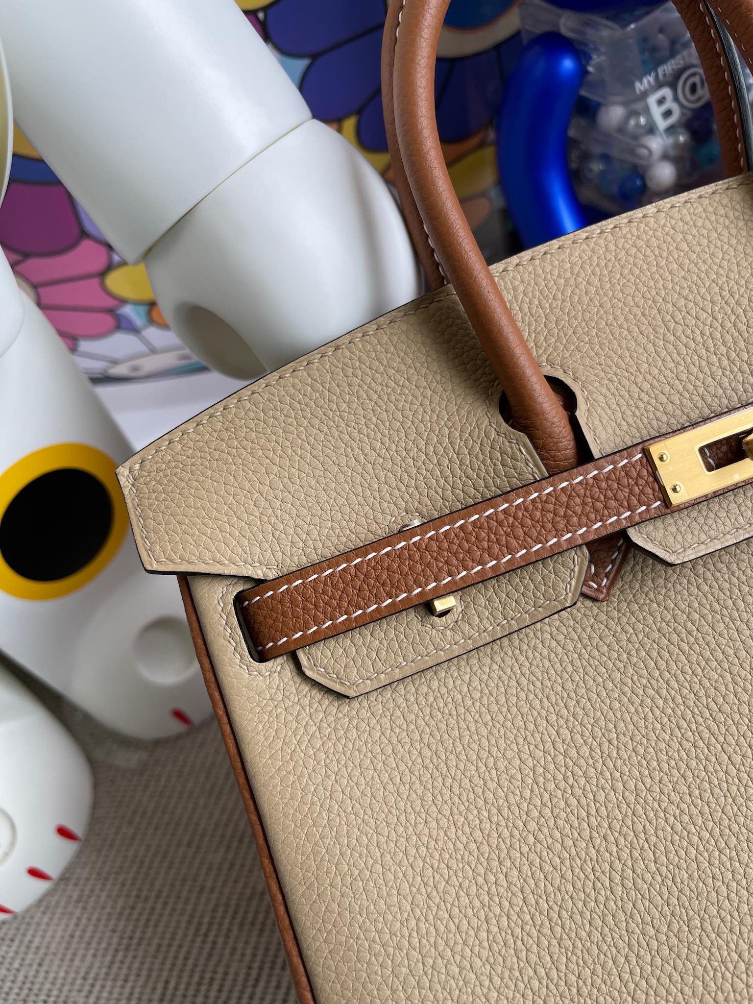 Hermès（爱马仕）Birkin 铂金包 原厂小牛皮 togo S2 风衣灰 拼 金棕 金扣 马蹄印 25cm 顶级手缝