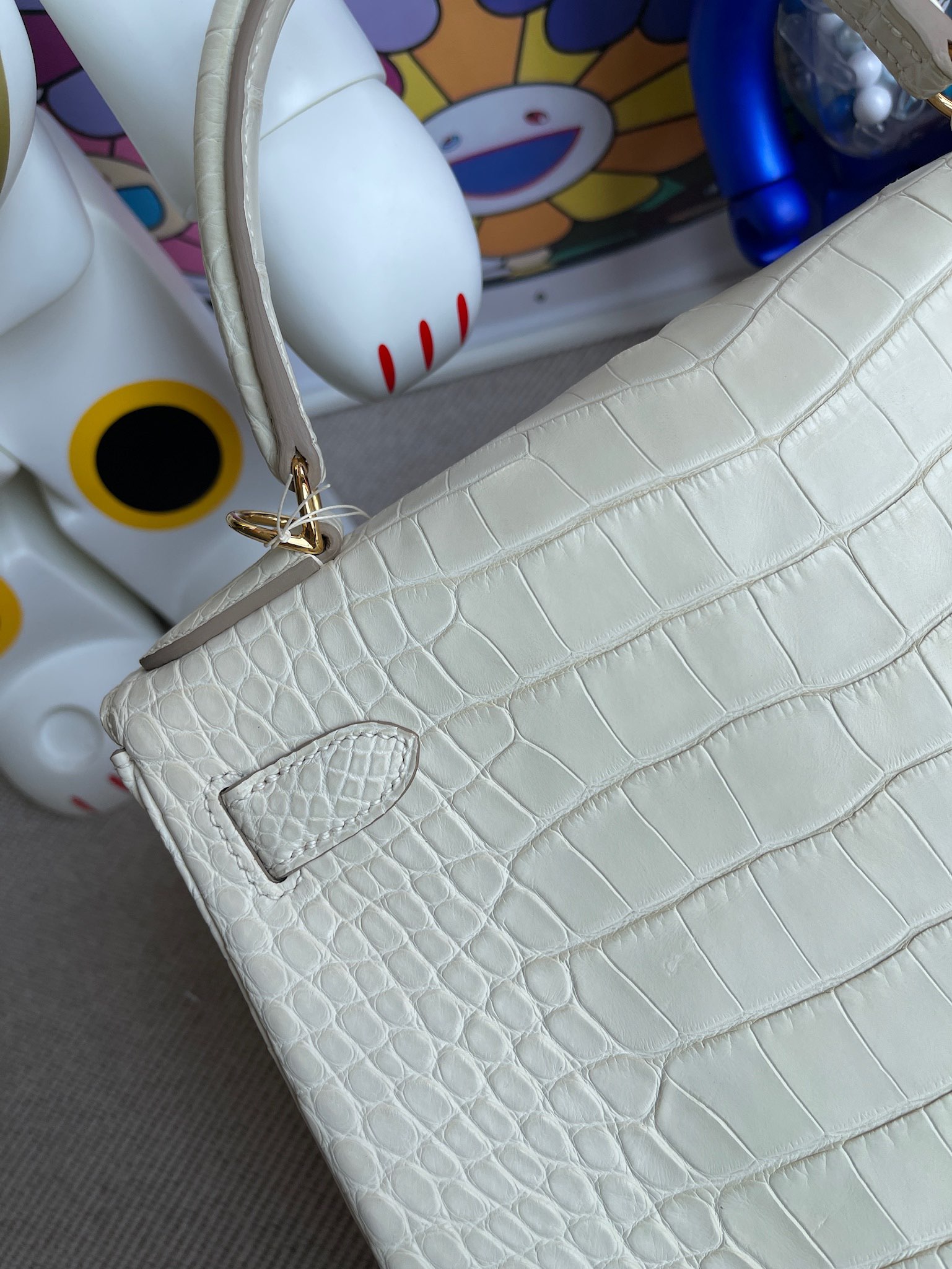 Hermès（爱马仕）Kelly 凯莉包 Alligator matt 雾面鳄鱼 8L 奶油白 Boton 金扣 28cm 顶级手缝